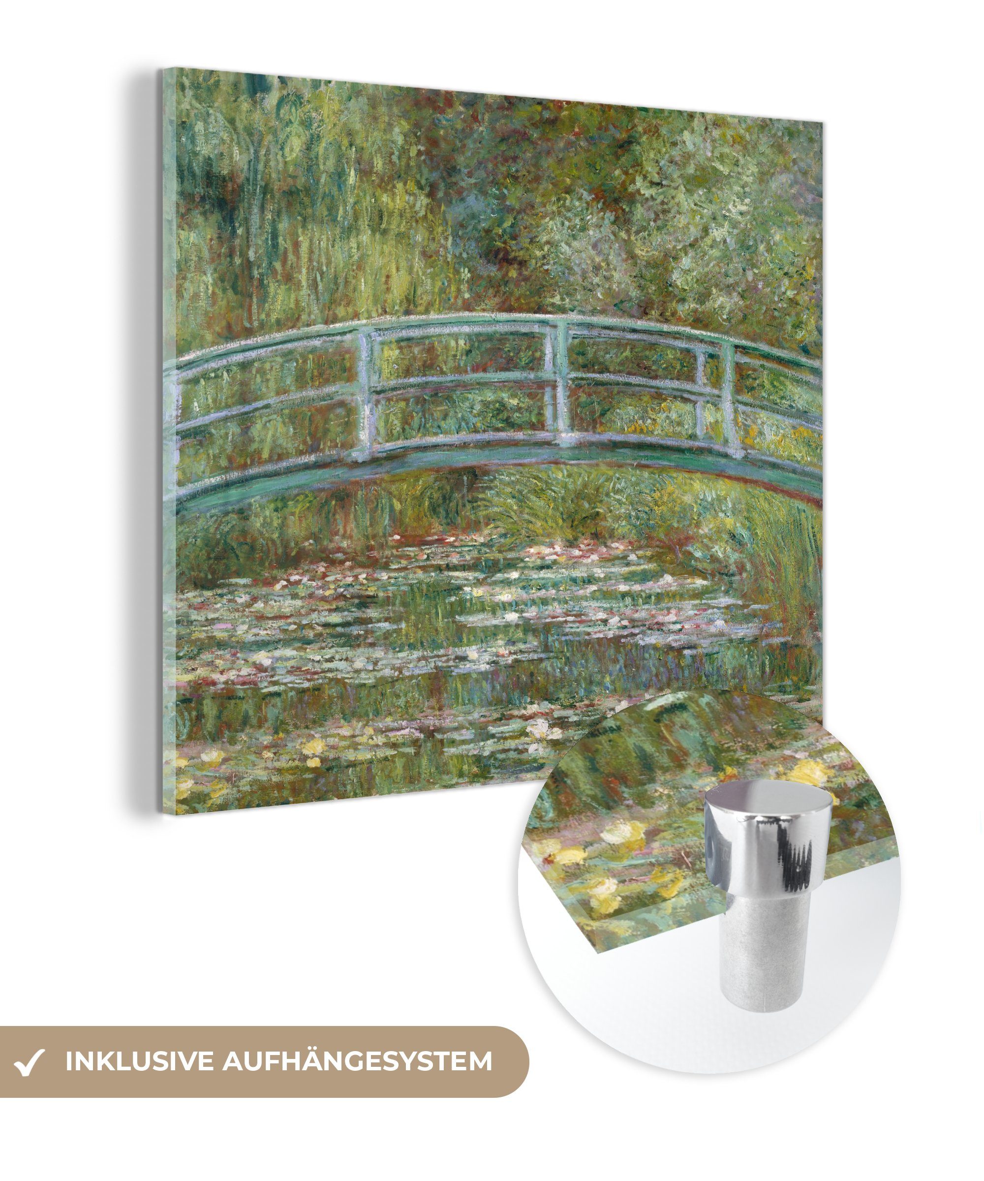 Monet, (1 Glasbilder MuchoWow Die Brücke auf Glas - die Wandbild auf - japanische Seerosen Bilder - und Claude Glas Acrylglasbild Foto Wanddekoration St), -