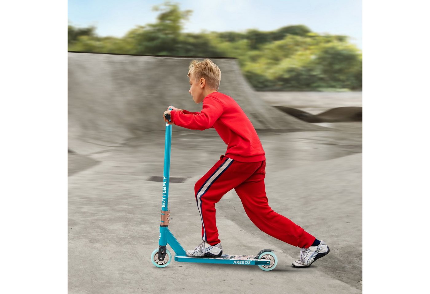 Thumbnail - Arebos Stuntscooter Tretroller Kickroller Cityroller, bis 100kg, 360° V-Lenker