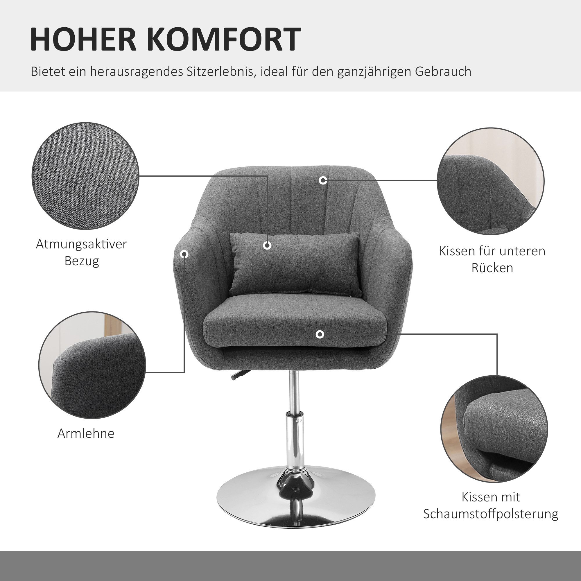 HOMCOM Relaxsessel Loungesessel mit Metallrahmen Lesesessel mit Mikrotuch (gepolstert Drehstuhl, 1-St., höhenverstellbar Loungesessel), für Schlafzimmer, Wohnzi – Bild 4 von 5