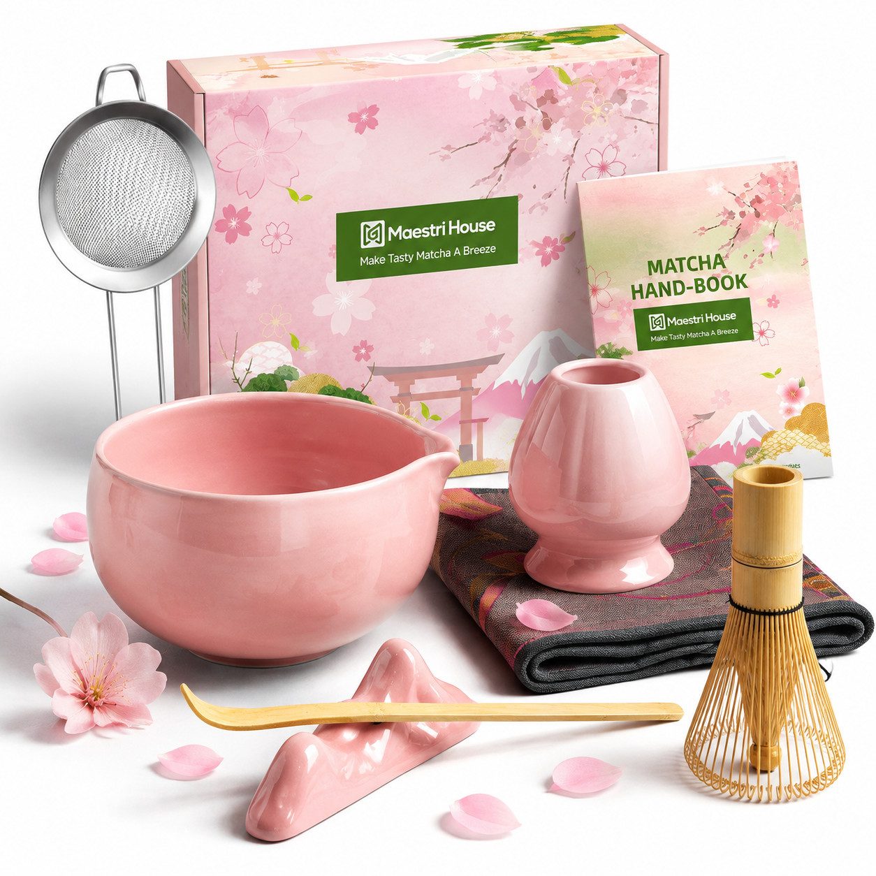 Maestri House Teeservice Japanisches Matcha Zubehör Set Matcha Besen Set Geschenkset 7-Teilig, Bambus, 510ml Schale, Bambus-Chasen, Haltern, Sieb, Löffel und Tuch erhalten