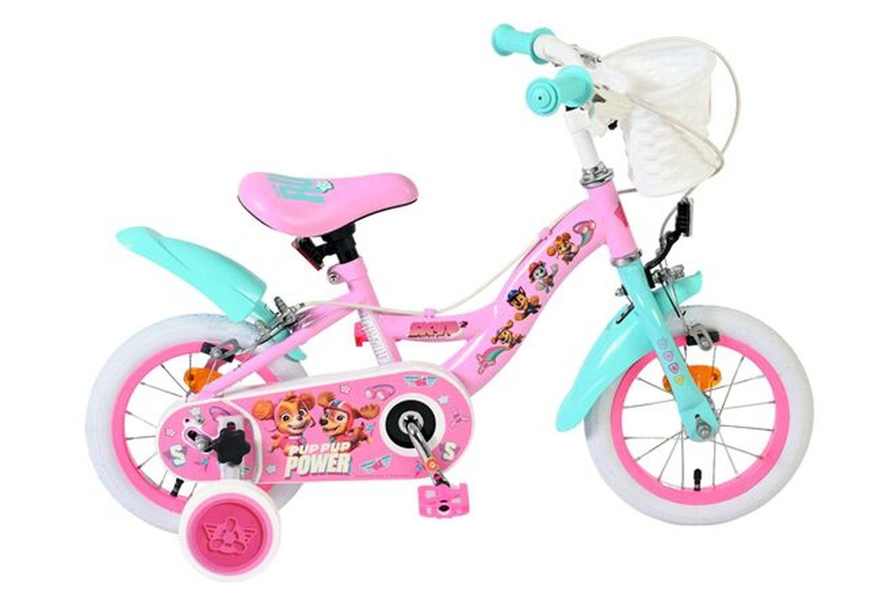 Volare Kinderfahrrad Paw Patrol Mädchen 12 Zoll Rosa – zwei Handbremsen, Korb, Stützräder, Geschlossener Kettenschutz, Luftreifen auf Stahlfelgen,7 kg