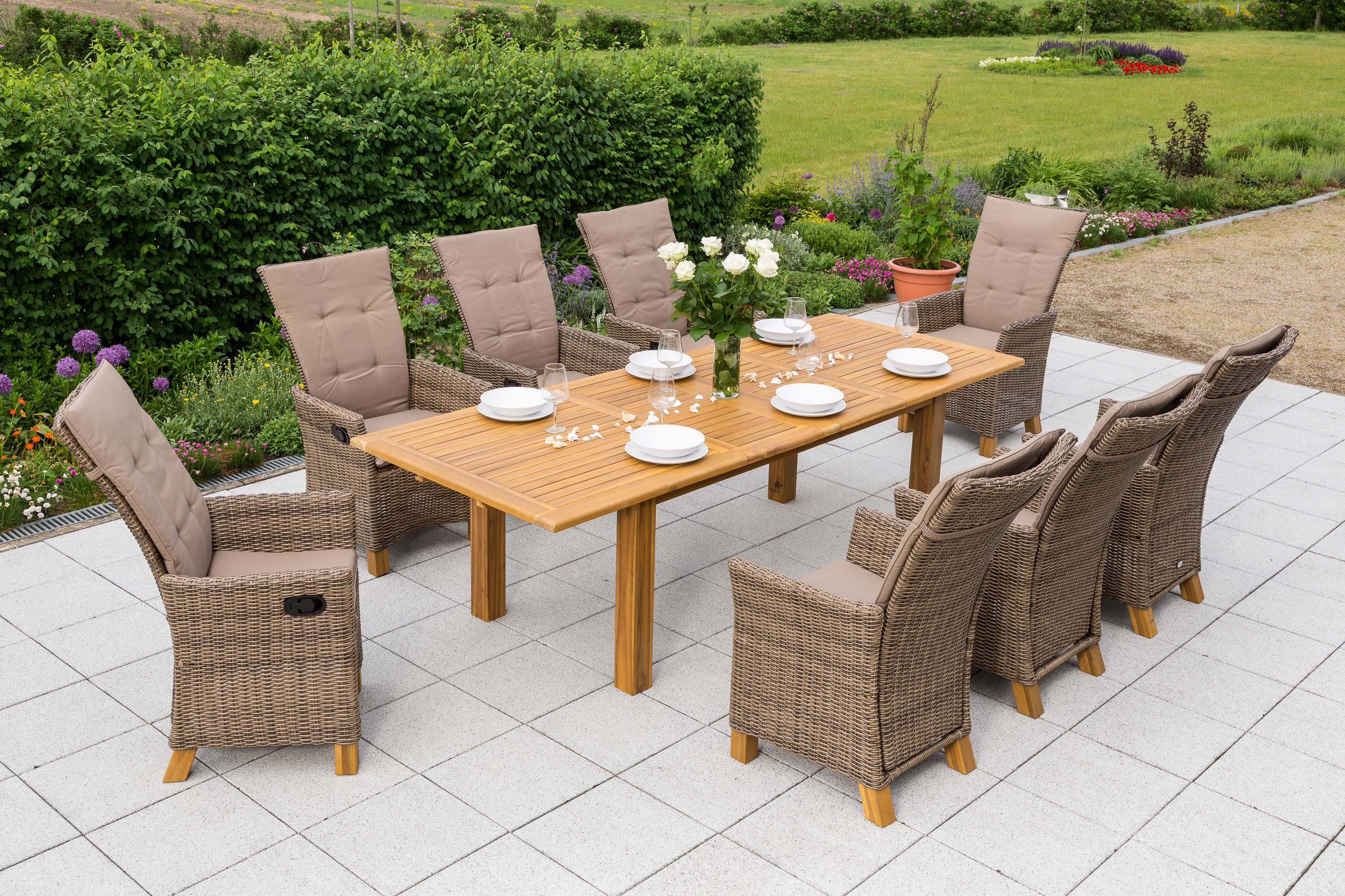 MERXX Garten-Essgruppe Toskana, (Set, 8 Sessel, 1 Doppelausziehtisch), 8 Sessel verstellbar durch Gasdruck, Tisch doppelt ausziehbar