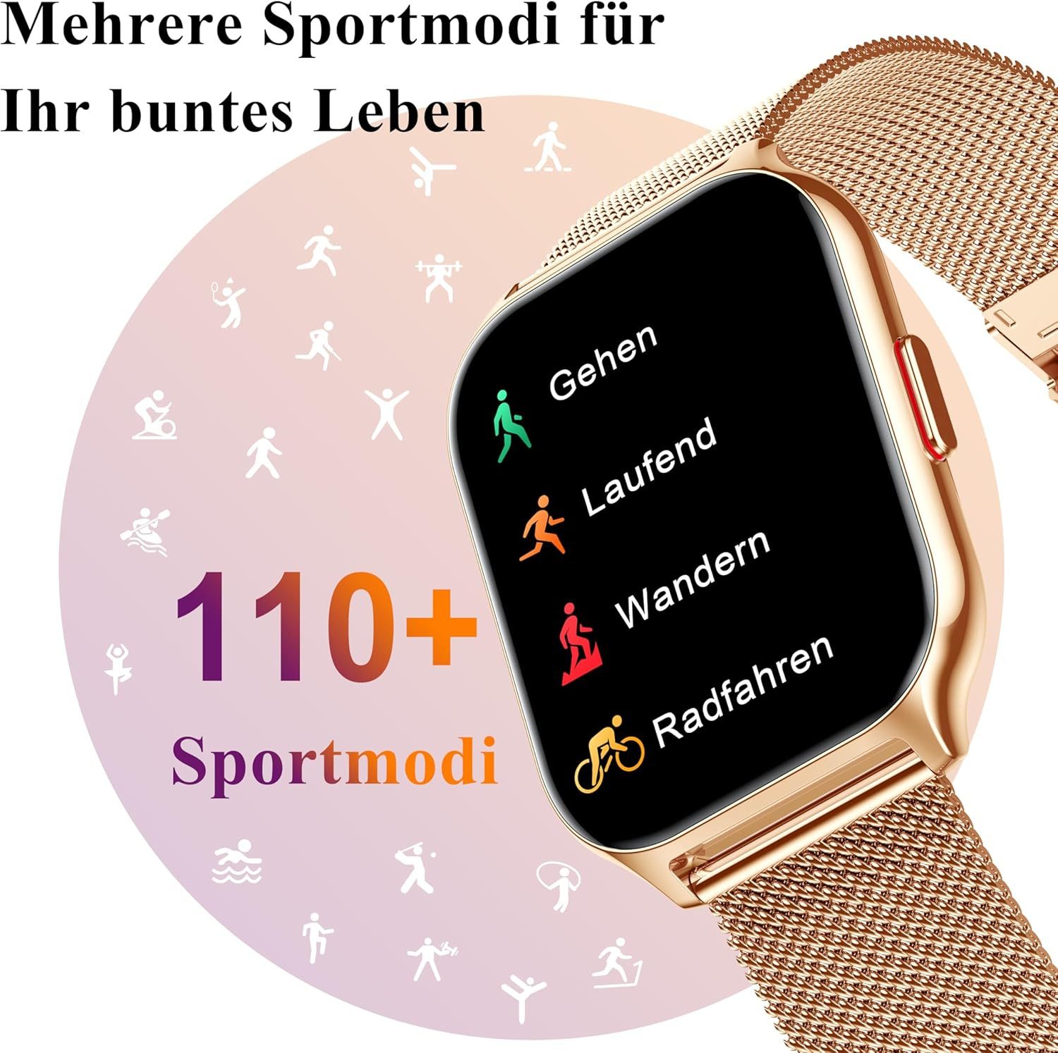 Zevelora Damen's und Herren's Telefonfunktion Fitness-Tracker IPx8 Wasserdicht Smartwatch (5,08 cm/2 Zoll, Android/iOS), mit austauschbarem weichem Silikonarmband, mit Blutdruckmessung Herzfrequenz Schlafmonitor SpO2, Sport modus
