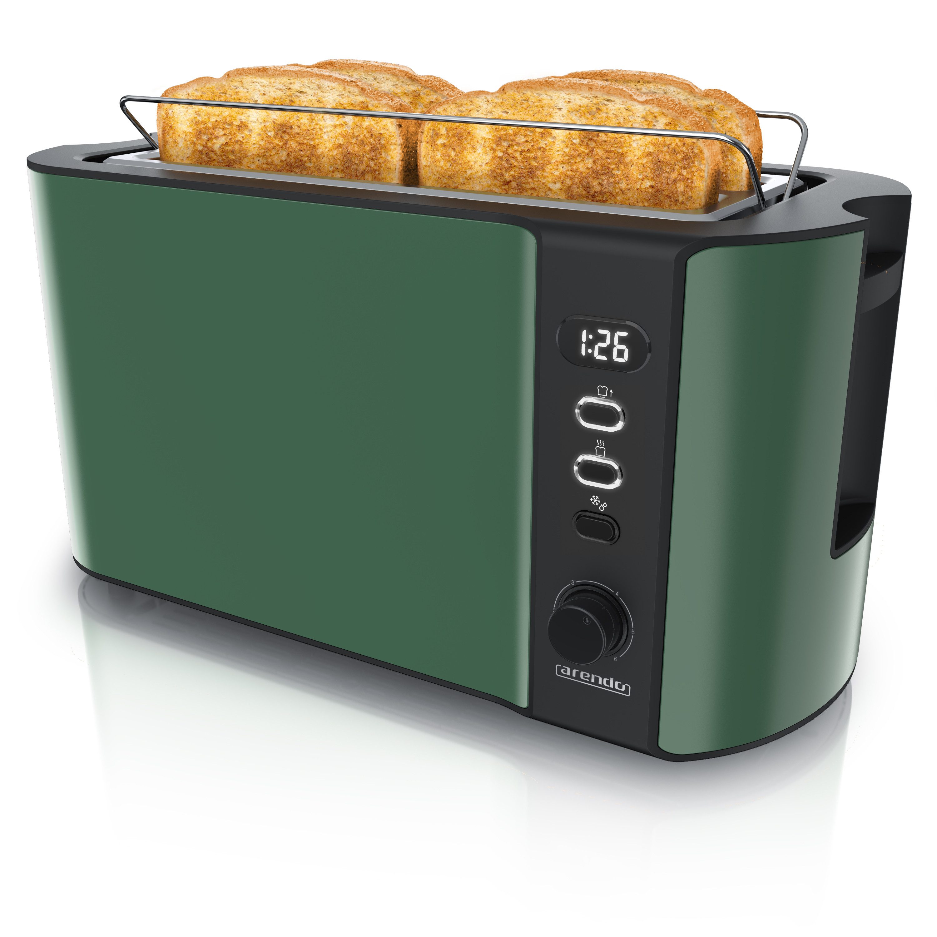 Arendo Toaster Edelstahl, Langschlitz, Display mit Restzeitanzeige, Krümelschublade, 2 lange Schlitze, für 4 Scheiben, 1500 W, Defrost Funktion, Wärmeisolierendes Gehäuse, mit Brötchenaufsatz