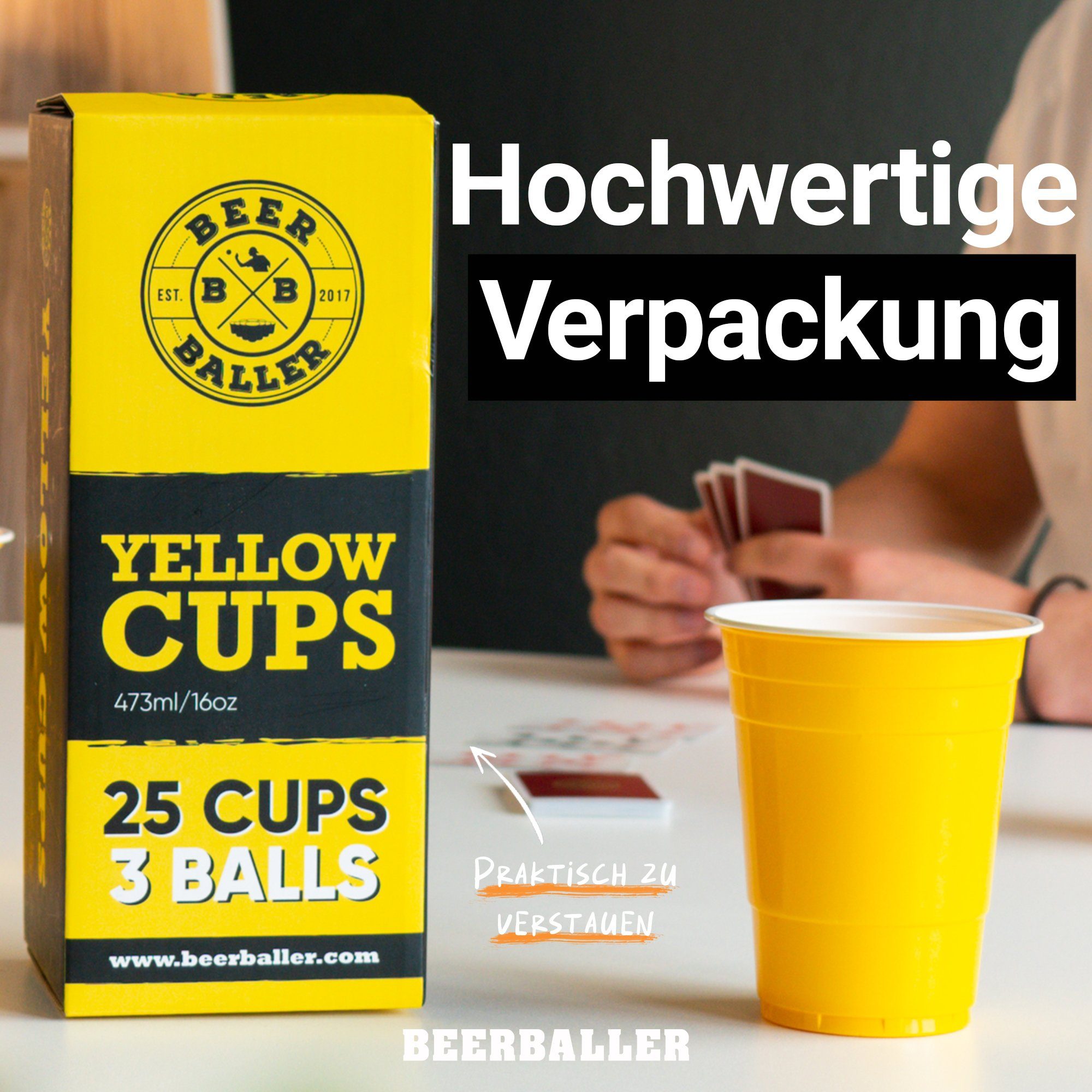 BeerBaller Becher BeerBaller® Beer als Pong Becher 25 gelbe Yelllow Cups & Bälle Set, 16oz/473ml 3 