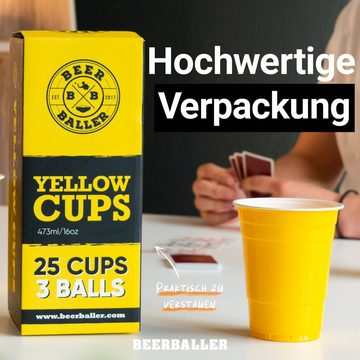 BeerBaller Becher BeerBaller® Yelllow Cups - 25 gelbe Beer Pong Becher & 3 Bälle als Set, 16oz/473ml