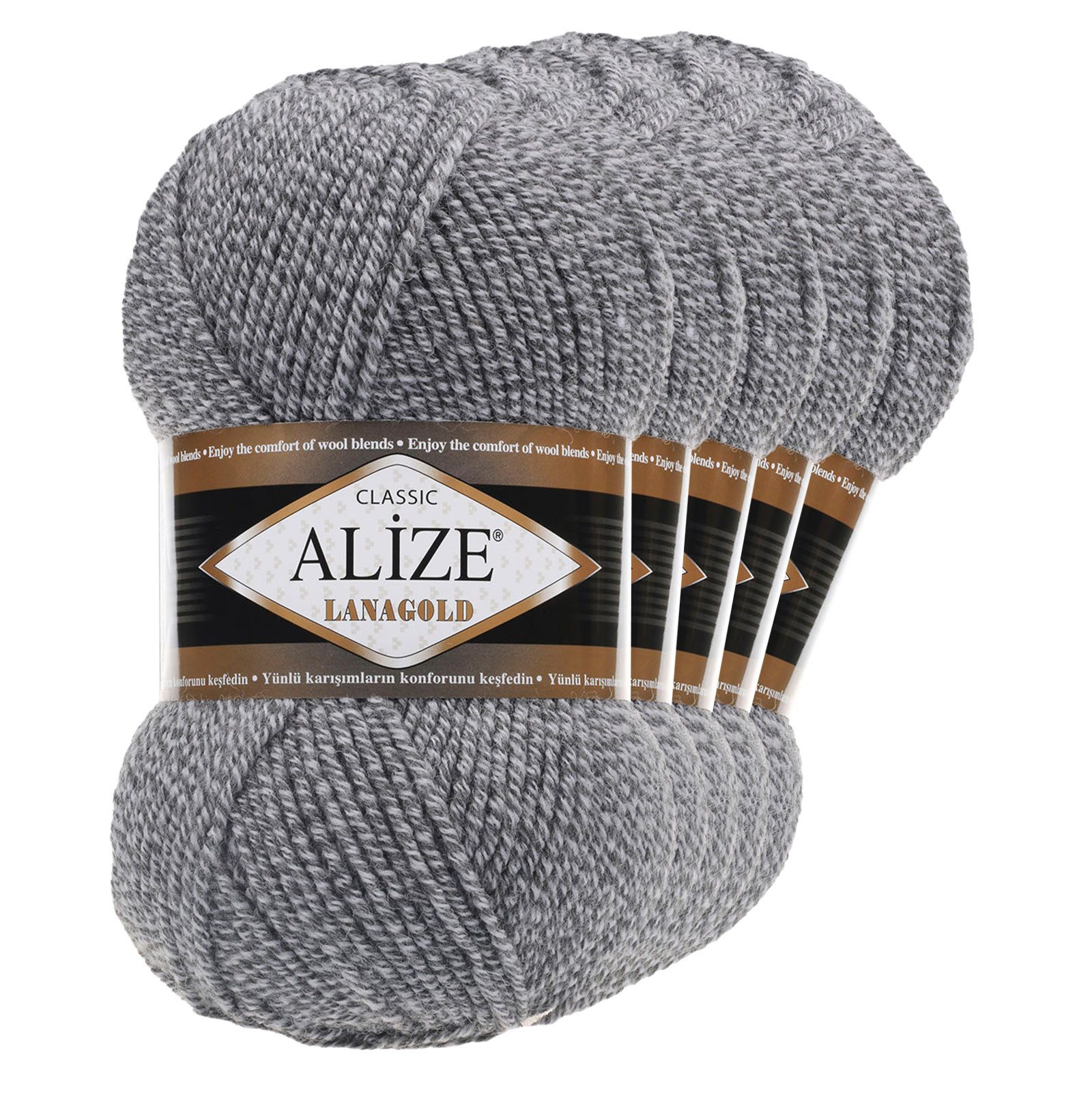 Alize 5 x 100 g ALIZE Lanagold 49% Wolle Strickgarn Winterwolle Schurwolle Häkelwolle, 240 m, grau meliert