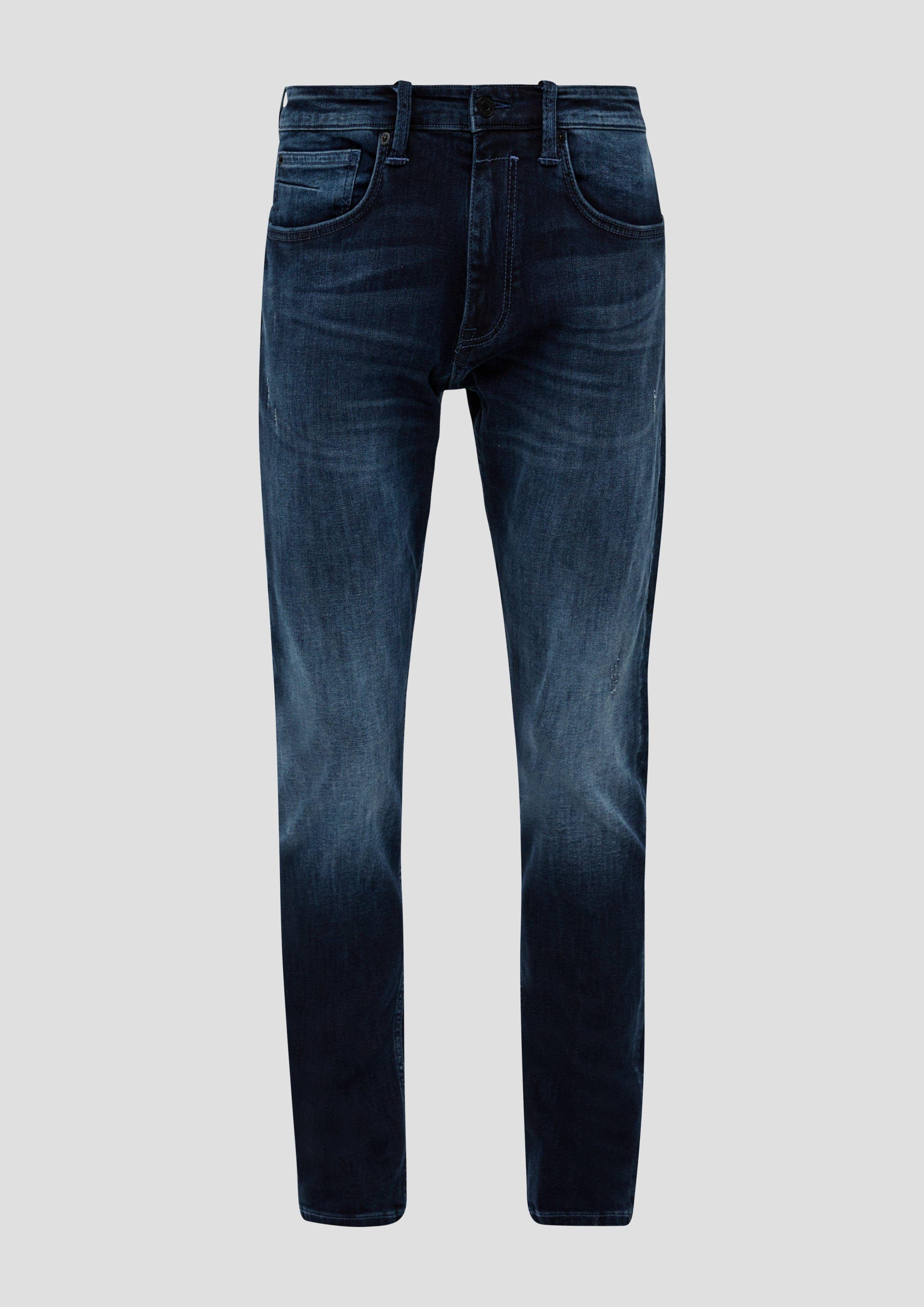 s.Oliver Stoffhose Jeans / Waschung Leder-Patch, / / tiefblau / Leg Fit Mid Regular 5-Pocket-Stil Tapered Rise