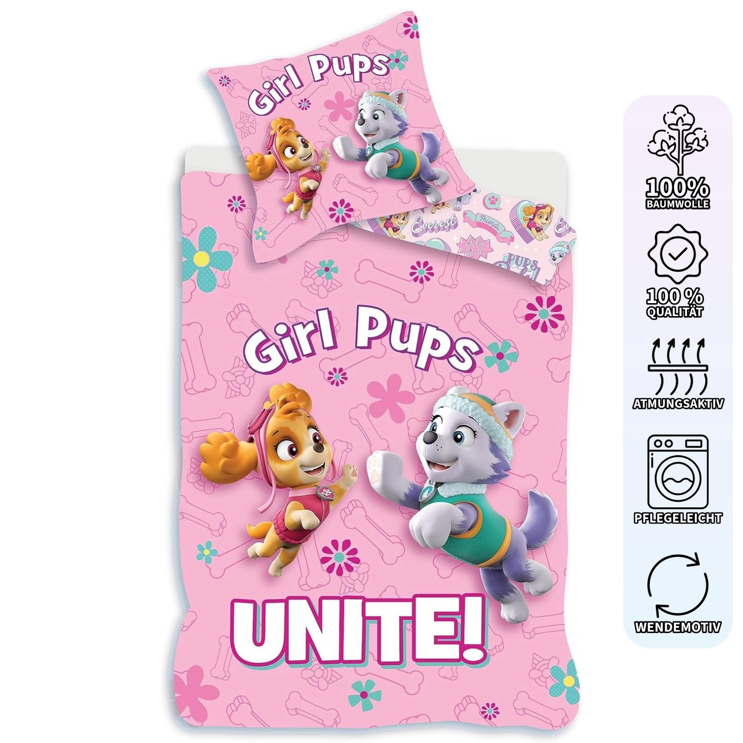 PAW PATROL Babybettwäsche Baby Bettwäsche-Set Paw Patrol rosa 100 x 135 und 40 x 60 cm, 2 teilig, Langlebig