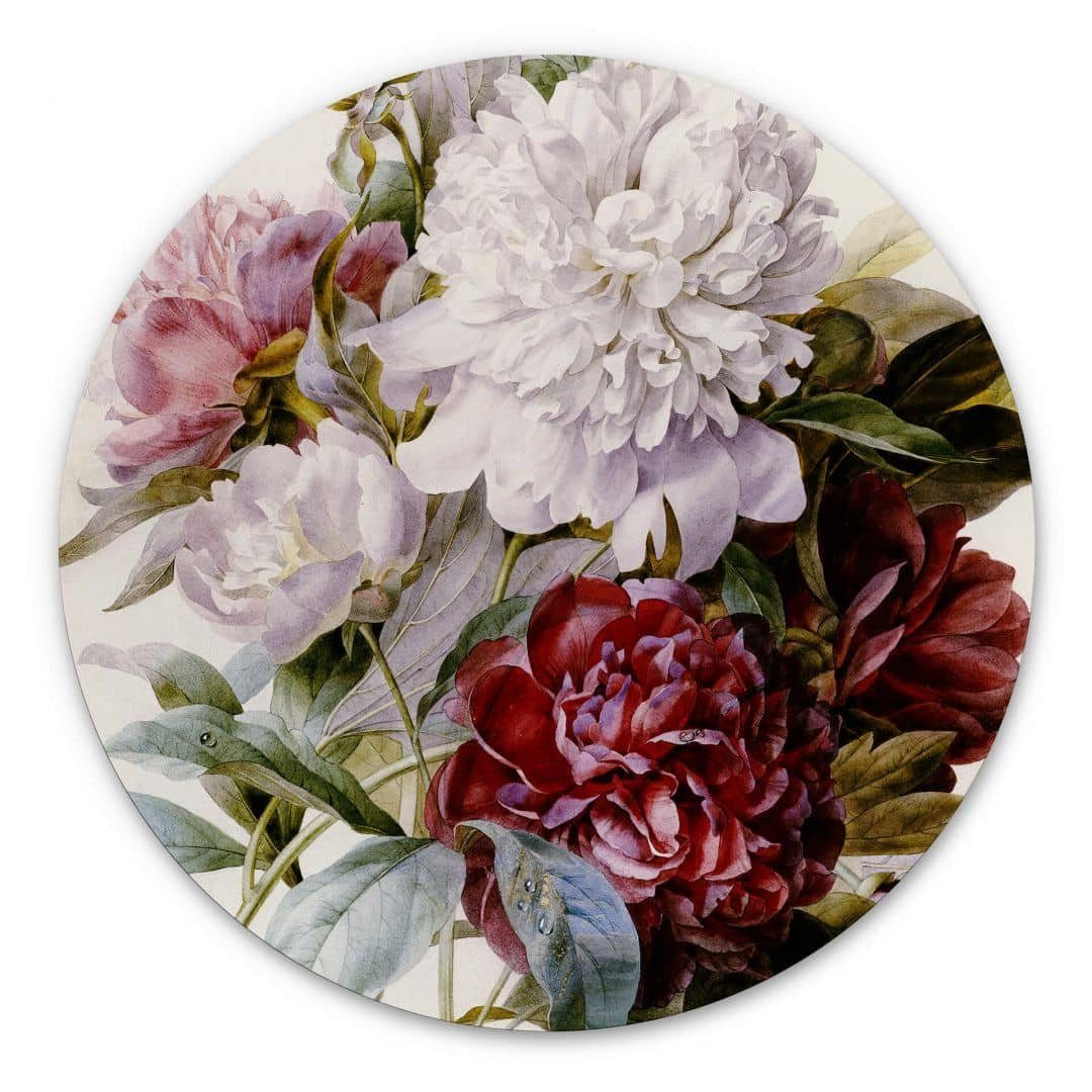 K&L Wall Art Alu-Dibond-Druck Metallposter Pfingstrosen Blumen Vintage Rosenstrauß Redouté, Metalloptik Wandbild Ø 30cm