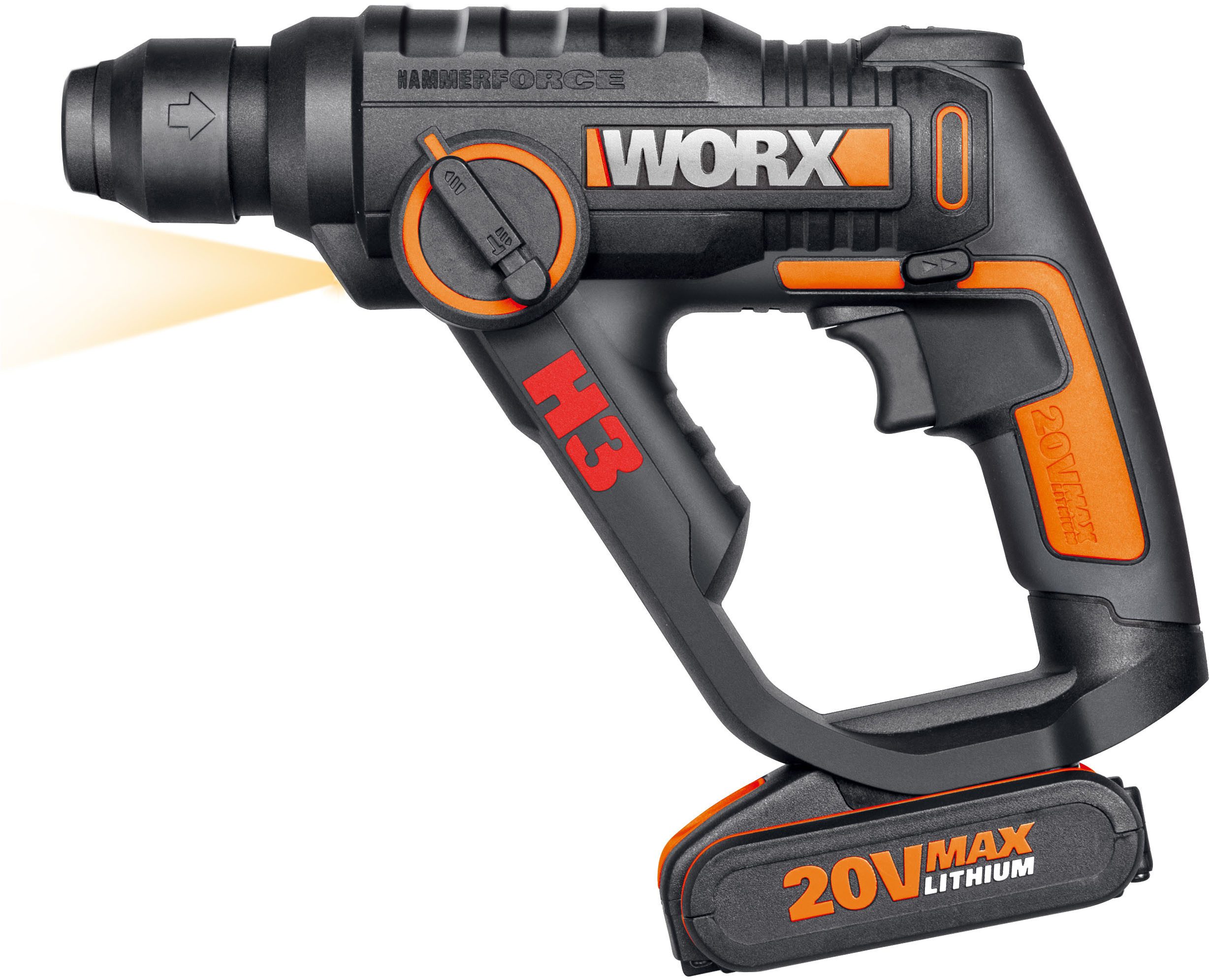 Worx Akku-Bohrhammer WX390.1, (Set), 3-In-1, pneumatisches Hammerwerk, inkl. 2 Akkus & Ladegerät
