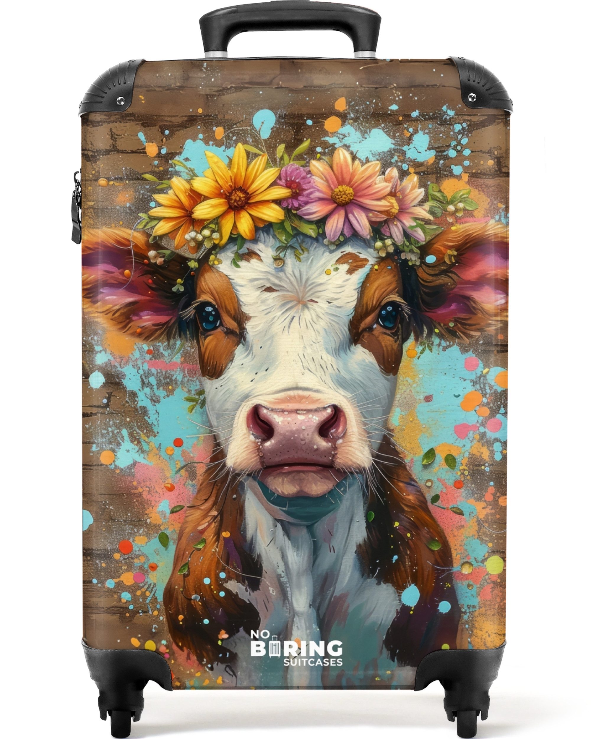 NoBoringSuitcases.com© Hartschalen-Trolley Graffiti-Kuh mit bunten Blumen günstig online kaufen