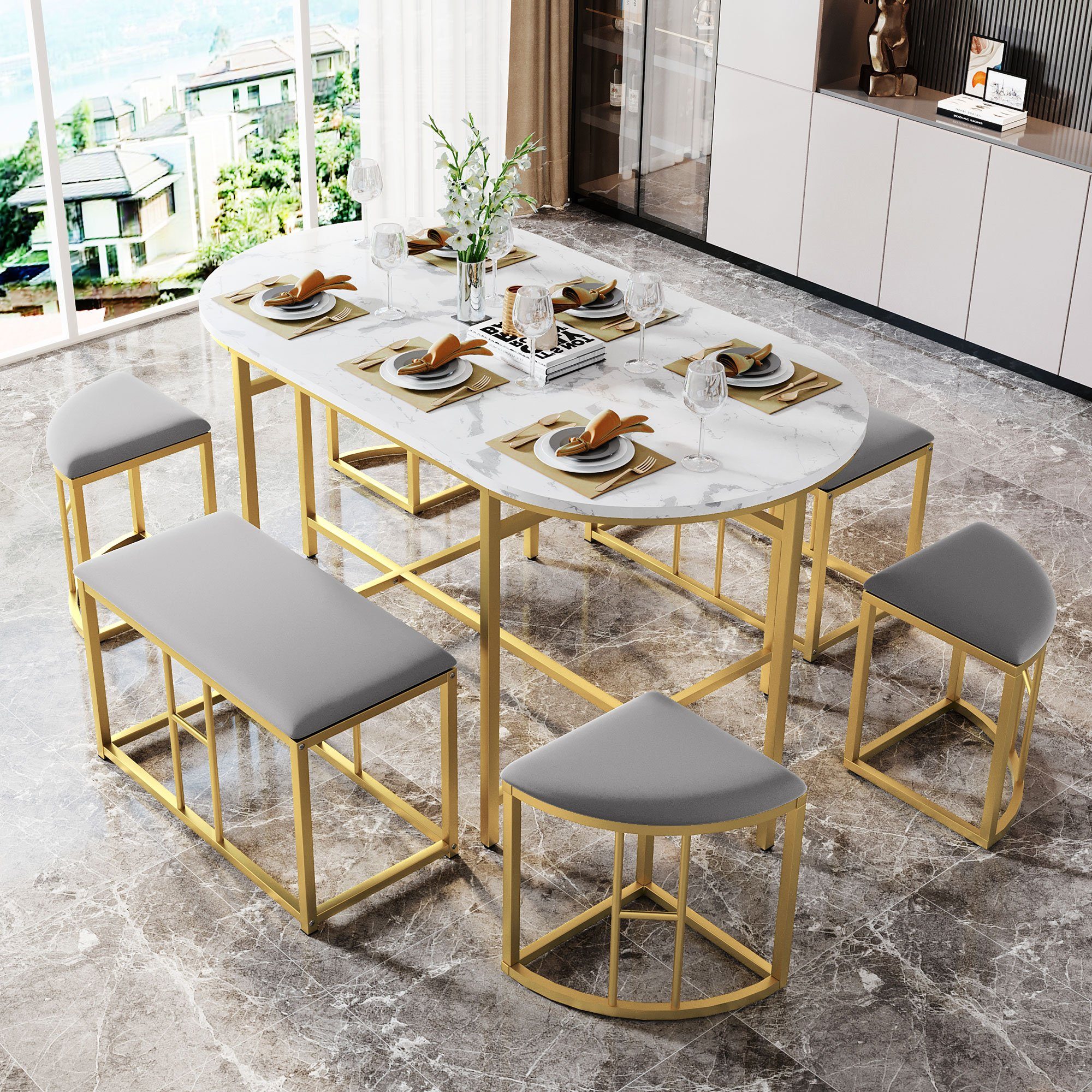 Essgruppe, Hocker und mit in OKWISH Tisch Hocker (1 bank, Tisch, 4 Tischplatte:Weiss+Beine-Gold 7-tlg., gepolstert 2 Marmoroptik),