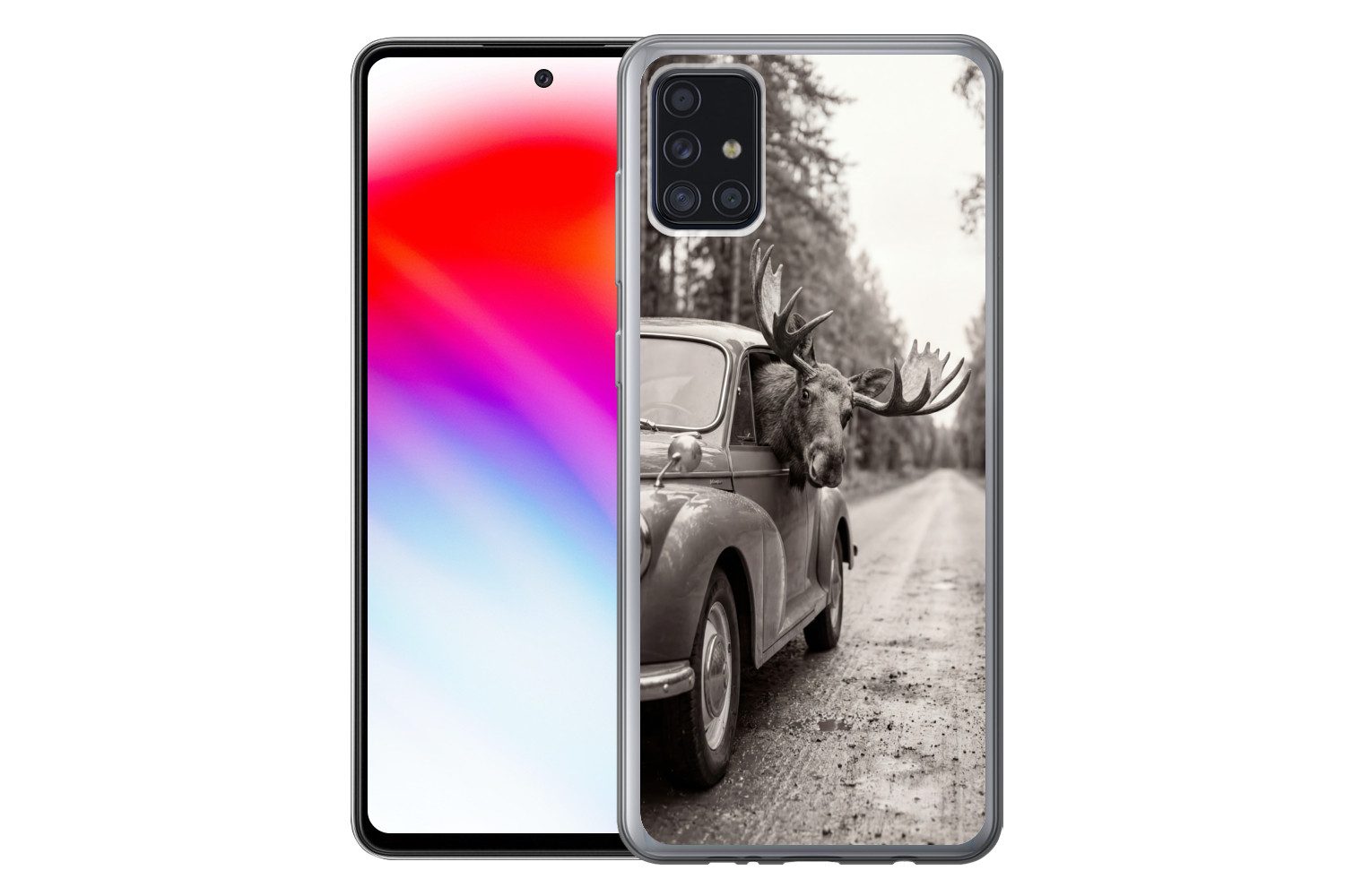 MuchoWow Handyhülle für Samsung Galaxy A52 5G Elch - Auto - Geweih - Schwarz - Weiß, Smartphone-Bumper, Print, Handy Schutzhülle Dünn