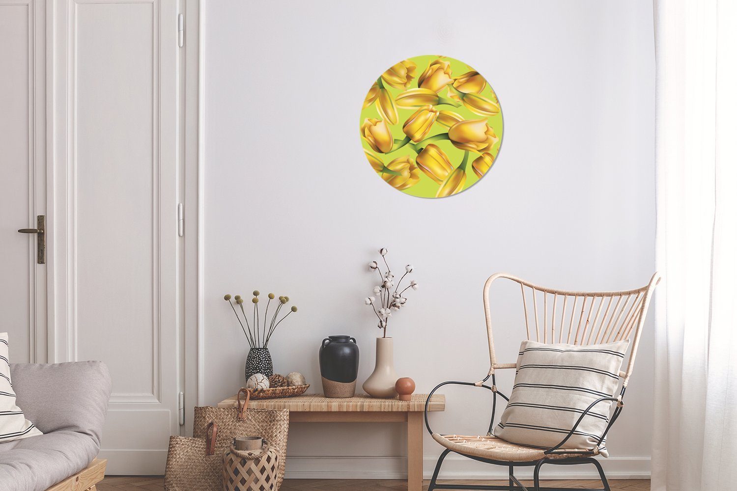 auf von Hintergrund für Wandsticker Eine Tapetenkreis grünen gelben MuchoWow St), Tapetenaufkleber, Illustration (1 Kinderzimmer, Rund, Wohnzimmer einem Tulpen