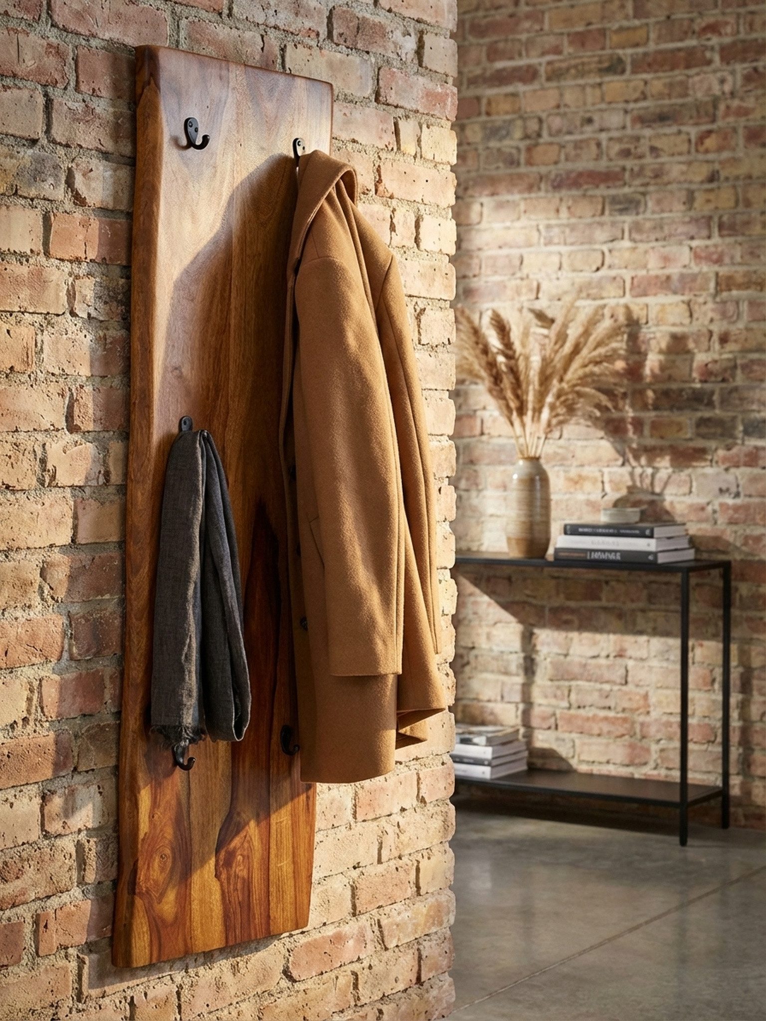 KADIMA DESIGN Wandgarderobe Wandgarderobe Massivholz Metall 40x140x7 cm mit Baumkante Garderobe (Garderobe Holz), Design Hakenleiste 2-Reihig Flurgarderobe Wand