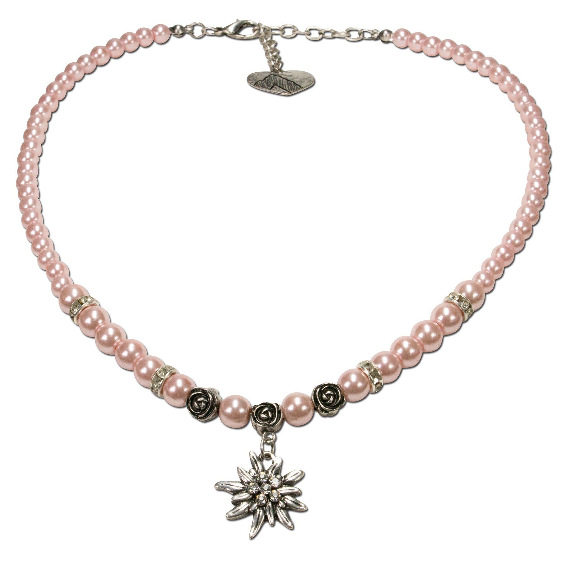 Alpenflüstern Ketten-Set Trachtenschmuck-Set Perlen-Trachtenkette und Trachten-Ohrhänger Strass-Edelweiß (rosé-rosa), - Damen-Trachten-Schmuck, Trachtenset Dirndl-Kette und Trachten-Ohrringe