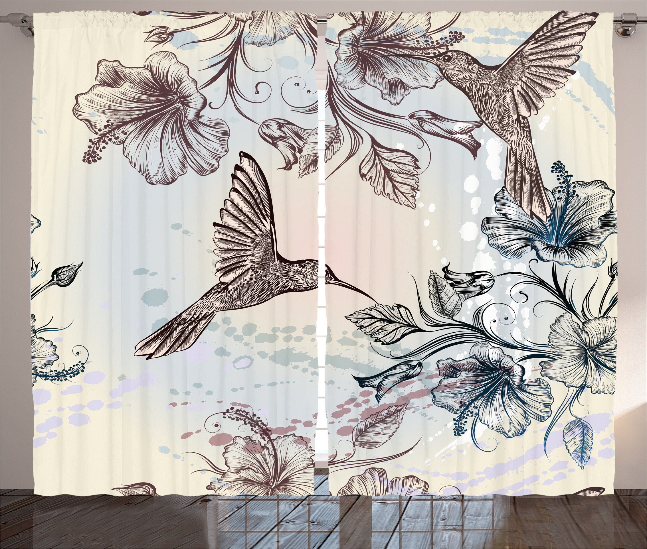 und Abakuhaus, mit Flowers Kolibri Gardine Vorhang Haken, Schlaufen Schlafzimmer Kräuselband Vögel Hibiscus