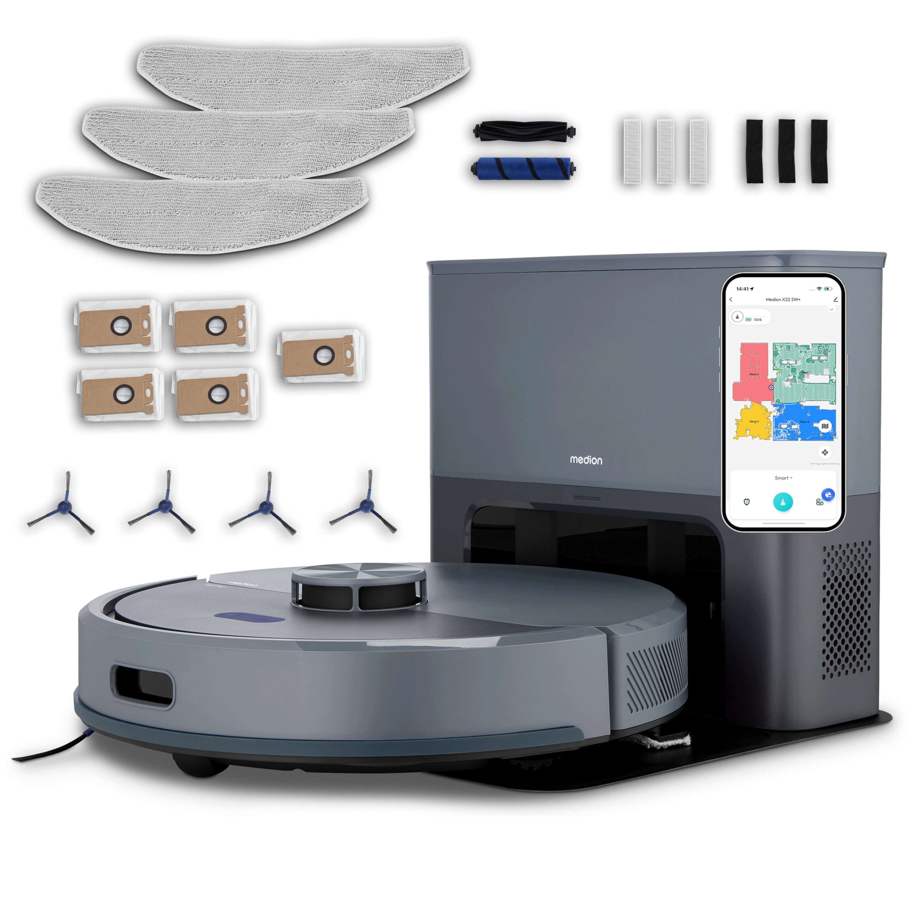 Medion® Saugroboter Smarter Saugroboter mit Wischfunktion und Absaugstation X23 SW+, beutellos, X23SW+