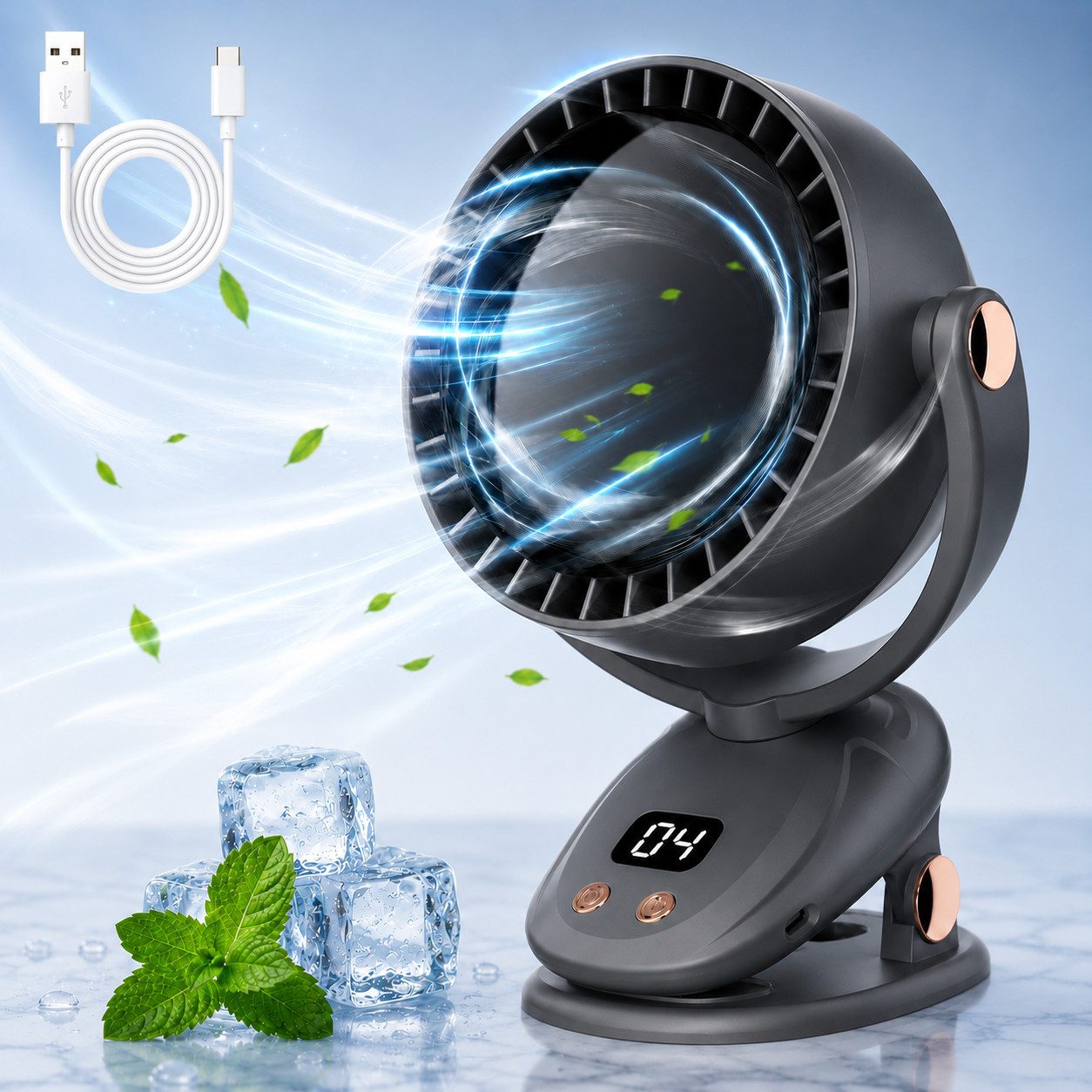 MOPUEA Akku-Standventilator Rotorloser Klemmventilator 6 Stufen Akku Schwenkbar mit Display, 180° Autoswing, multifunktionaler, leiser Tischventilator für Büro