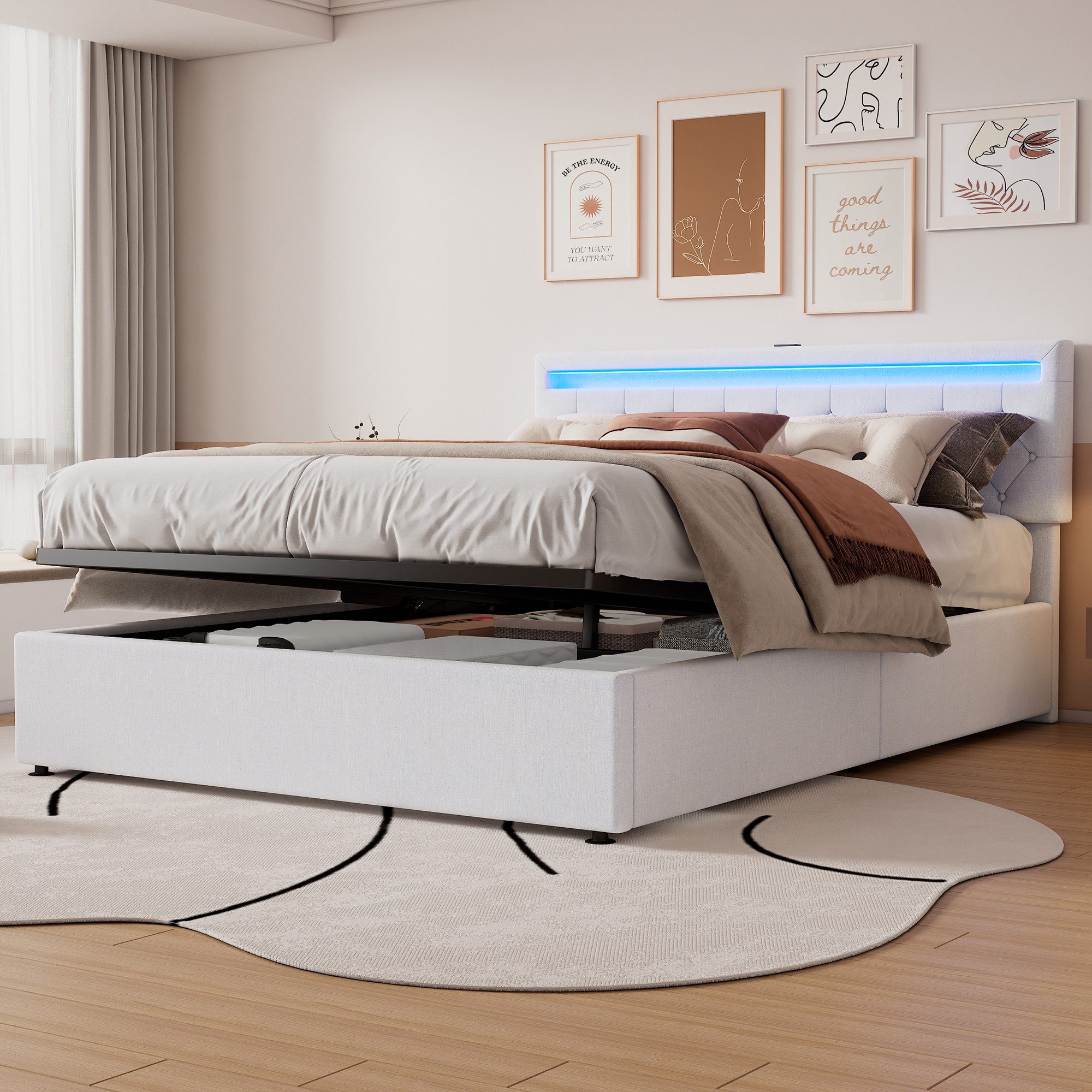 Flieks Polsterbett, LED Hydraulisches Doppelbett 160x200cm mit Ladefunktion günstig online kaufen