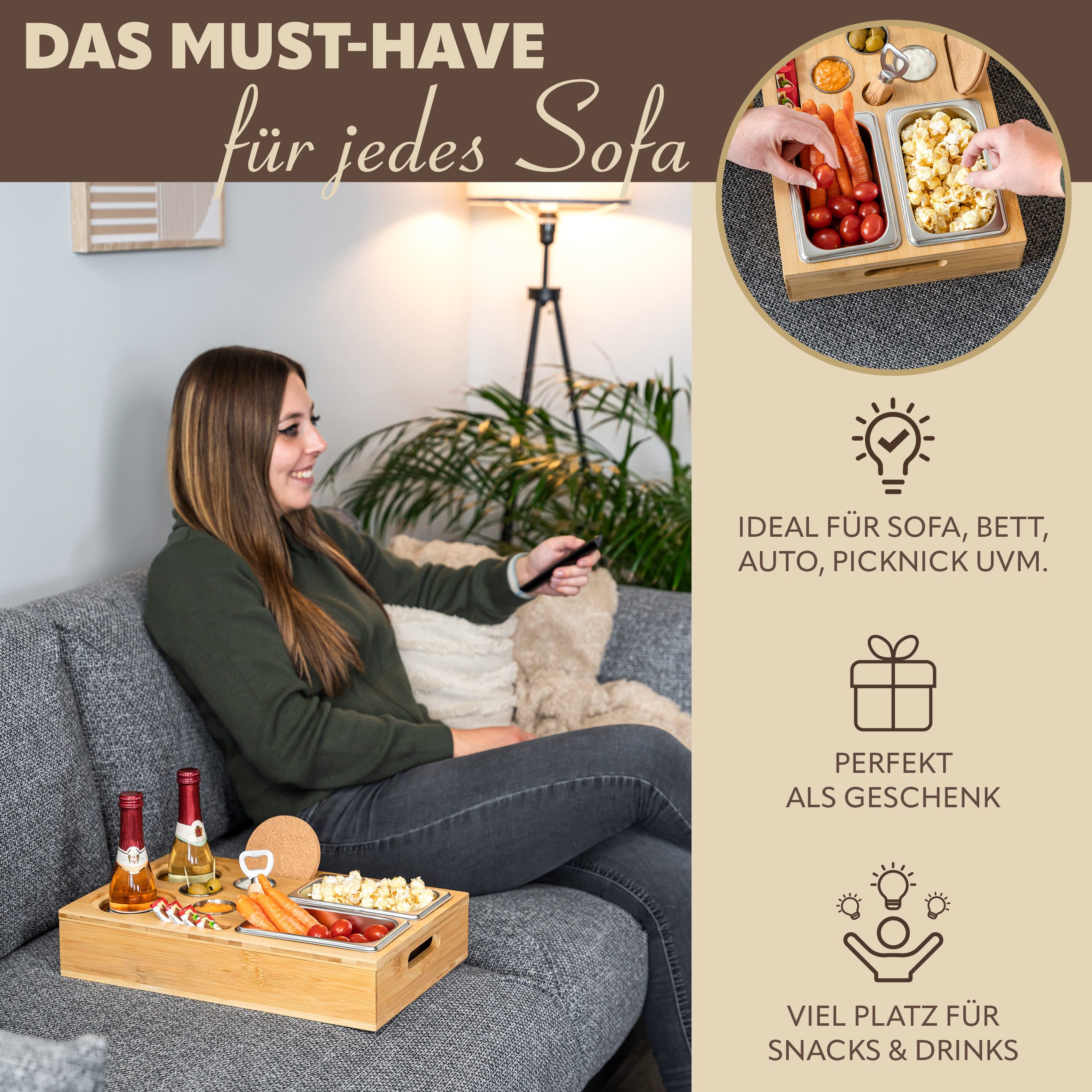 eluno Snackschale Couchbar mit abnehmbarem Deckel aus Bambus