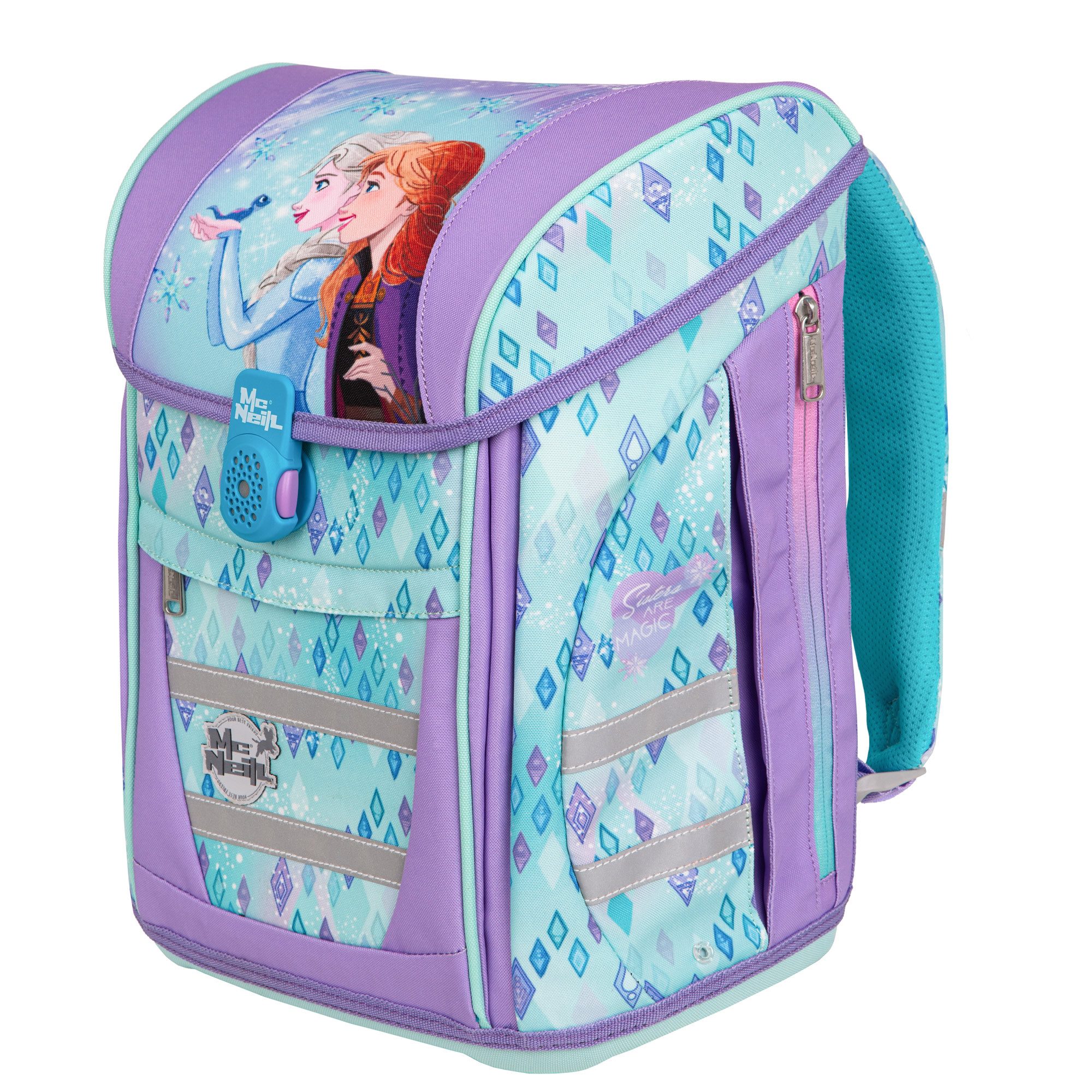 McNeill Schulranzen TENERIS Frozen 4-teilig mit Etui, Schlampermäppchen & Sportbeutel (Spar-Set, mit Sportbeutel, mit Federtasche, mit Schlampermappe, mit Schlamperrolle), Air-Flow Rückensystem, Leichtgewicht ca. 980 g, 4-teiliges Set