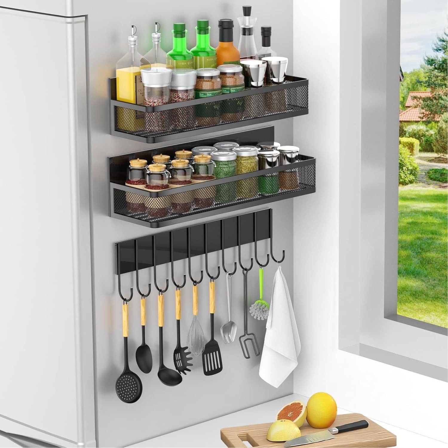 BlingBin Gewürzregal Magnetisches 3 Stück Kühlschrank Organizer,für Küchenorganisation, 3er Set 1-tlg., Metall bewegliche Veranstalter Gewürzhalter Platzsparende,ohne Bohren