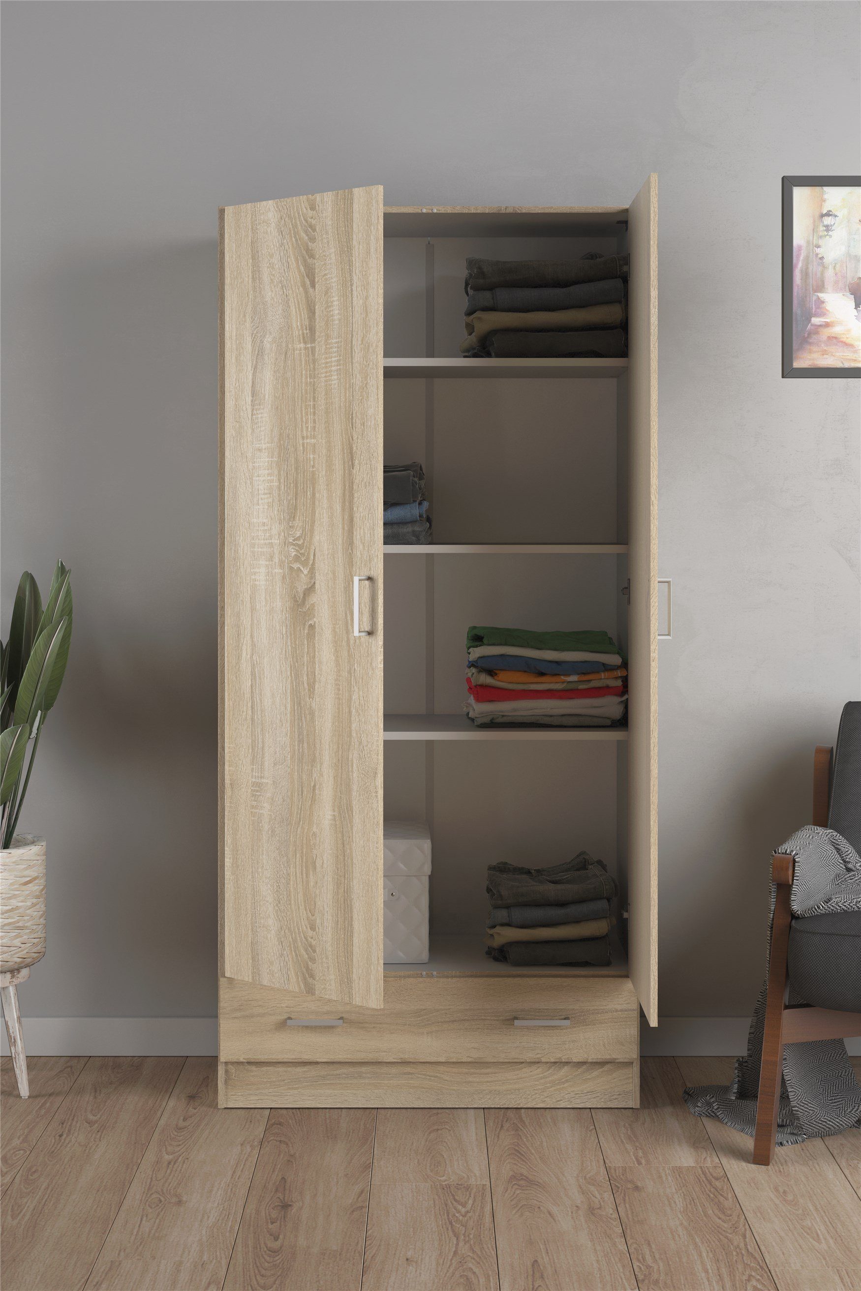 Home affaire Kleiderschrank Space Drehtürenschrank, Aufbewahrung Kasten Schrank Stauraum 2 Türen, 3 Einlegeböden und 1 breite Schublade, Breite 79 cm