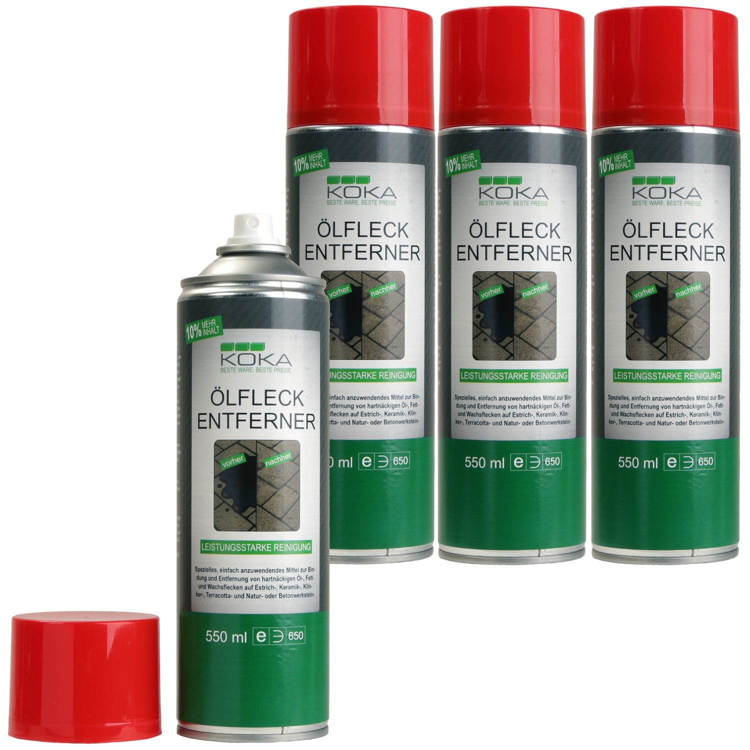 KOKA 4x Ölfleck-Entferner 2,2 L Spray Öl Fleckentferner Steinbodenreiniger (Set, [- 4x Spraydose Bindemittel Ölfleckentferner Öl Ex Pflaster Fliesen Beton Naturstein)