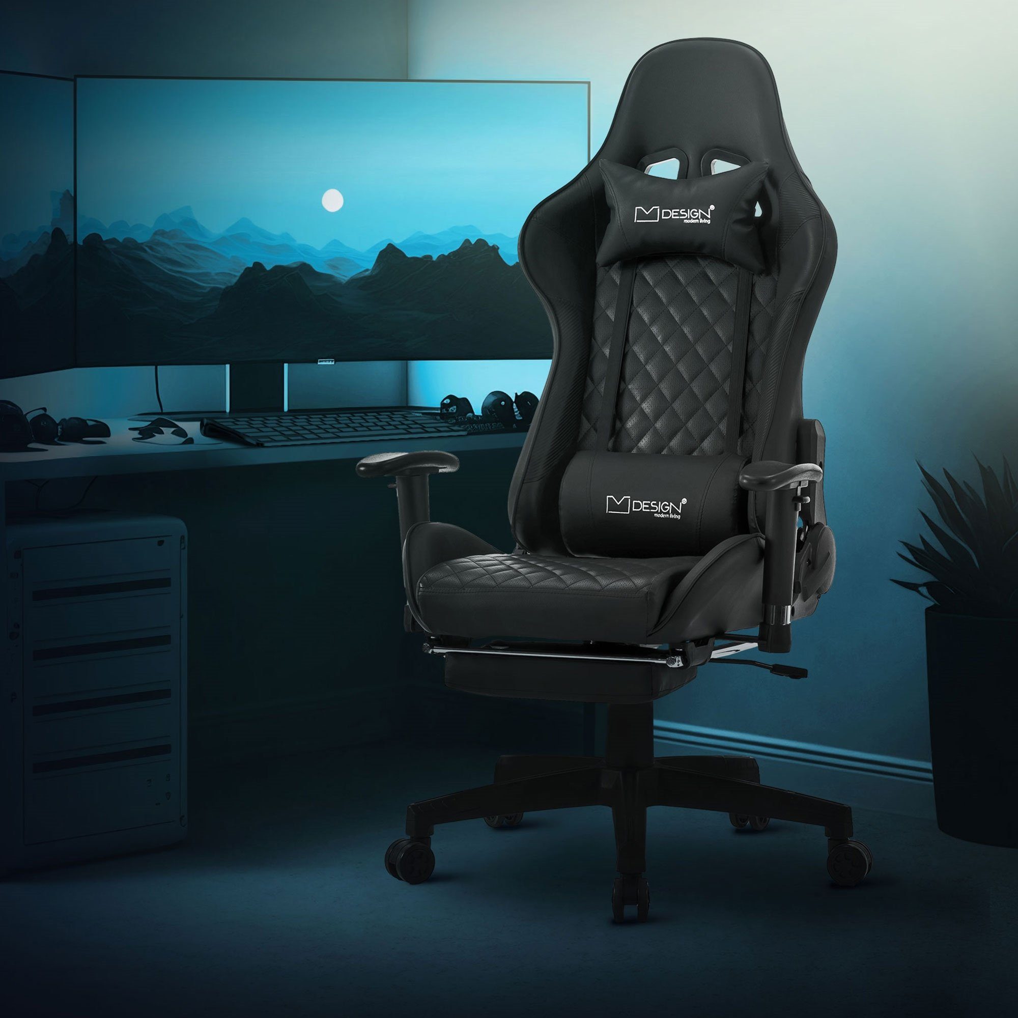 ML-DESIGN Gaming-Stuhl Gaming Stuhl mit Fußstütze Ergonomischer Bürostuhl mit Armlehne, aus Kunstleder, Kopfstütze, Lendenkissen, Drehstuhl verstellbar Schwarz