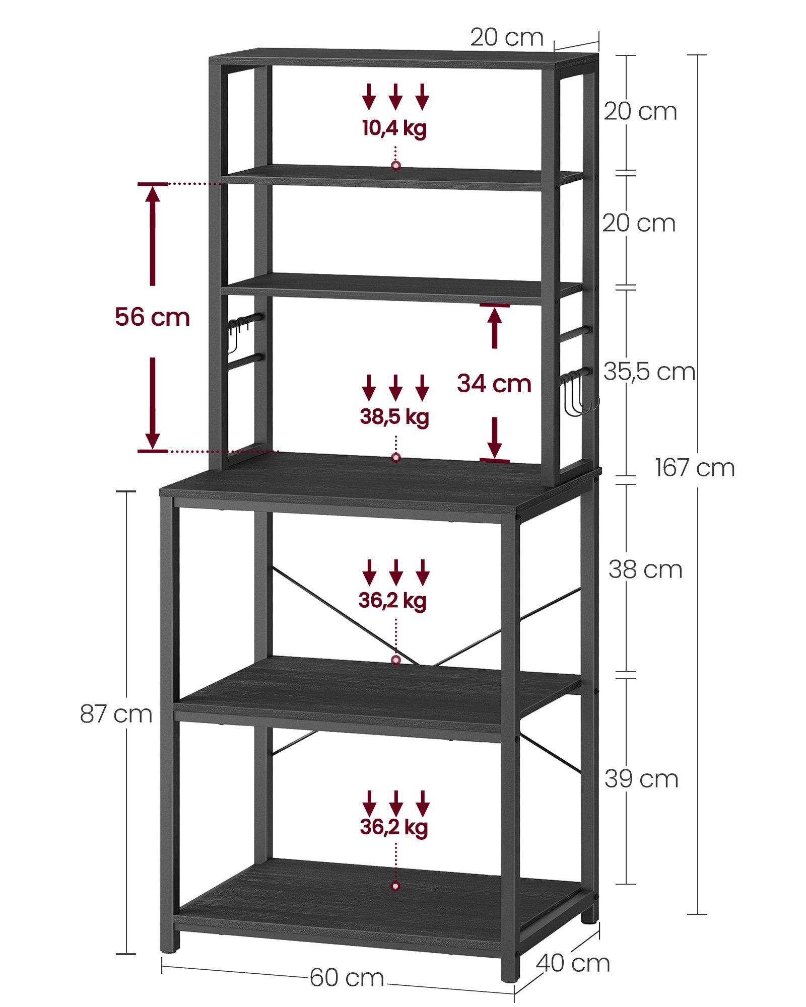 VASAGLE Standregal Küchenregal, Mikrowellen-Regal, 6 Haken, 6 Ablagen, 40 x 60 x 167 cm, Stahlrahmen, Industrie-Design, für Küche