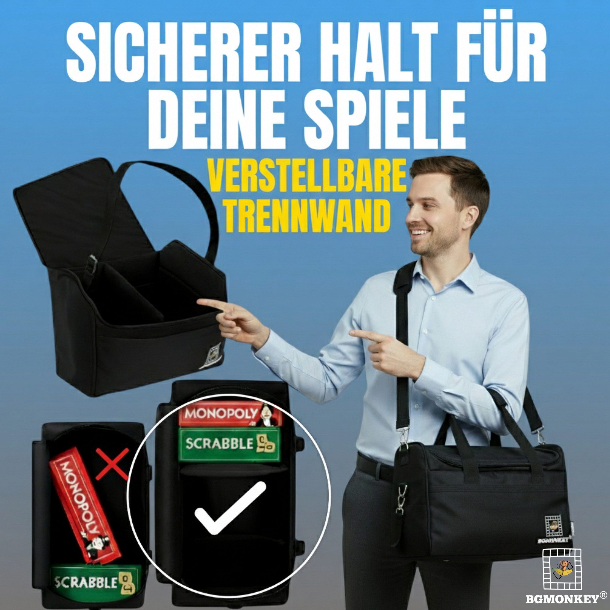 BGMONKEY Spiel für den sicheren Transport von Spielen - mit hoher Kapazität, Premium Brettspieltasche, Spieletasche- Tasche für Spiele, Reisetasche gepolstertem Innenraum und verstellbaren Fach