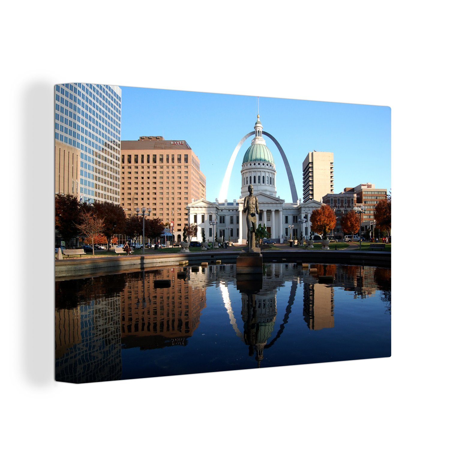 OneMillionCanvasses® Leinwandbild Amerikanisches St. Louis mit Blick auf den Gateway Arch an einem, (1 St), Wandbild Leinwandbilder, Aufhängefertig, Wanddeko, 30x20 cm