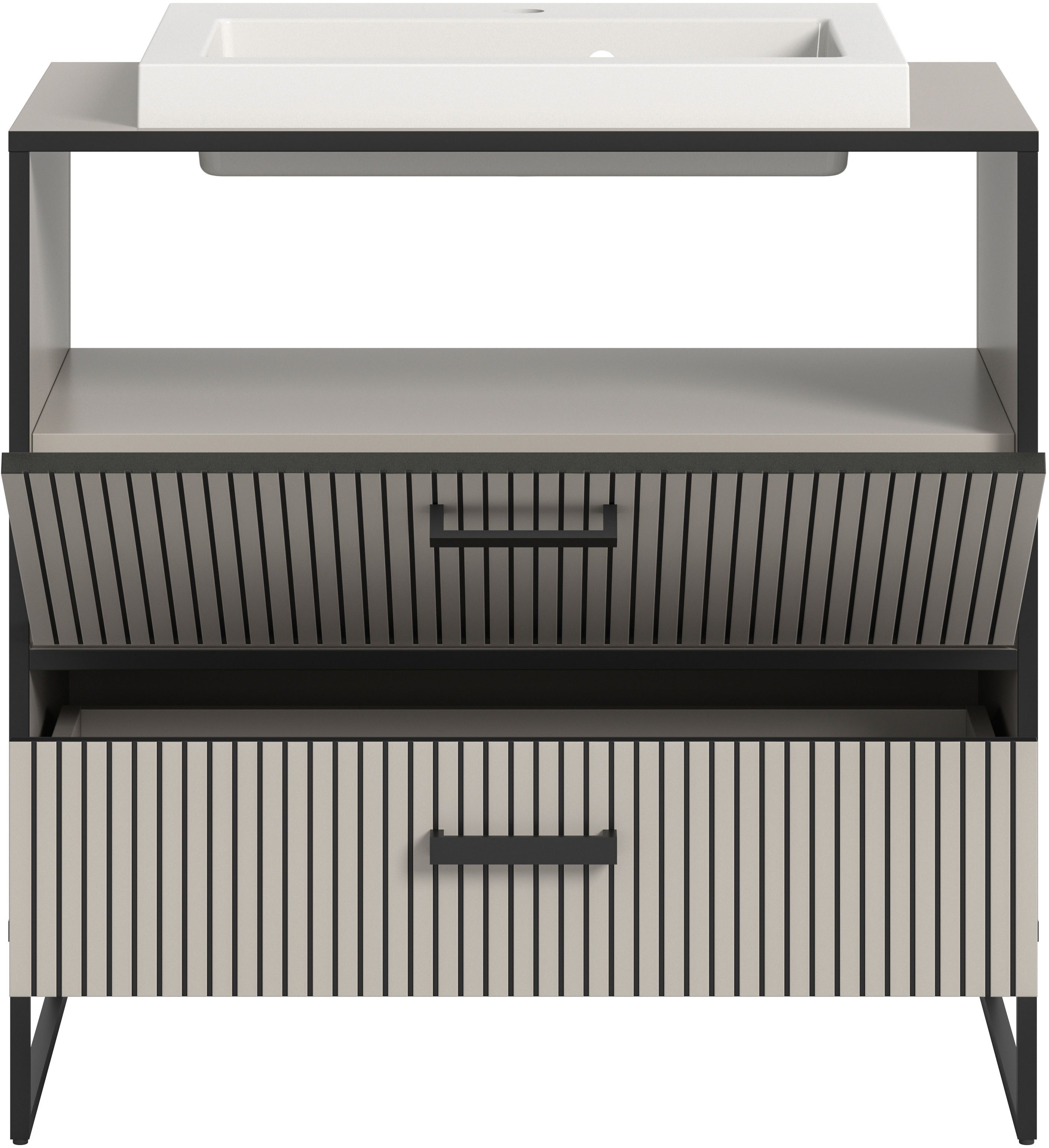 welltime Waschbeckenunterschrank Locri, Höhe 84 cm, Rillenoptik, Metallkufen (2-St) Aufsatzwaschbecken, modernes Design, Unterschrank, Badschrank, Bad – Bild 5 von 5