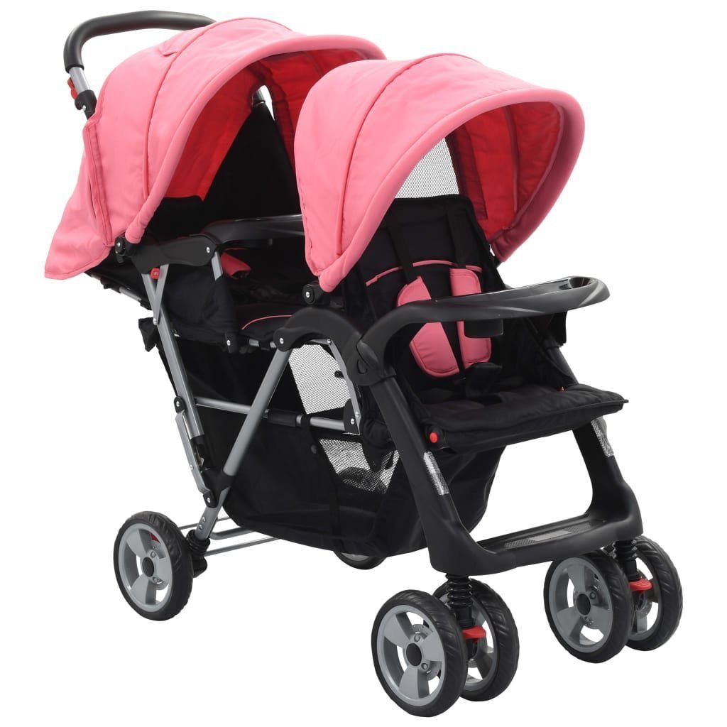 vidaXL Zwillingswagen Tandem-Kinderwagen Stahl Rosa und Schwarz