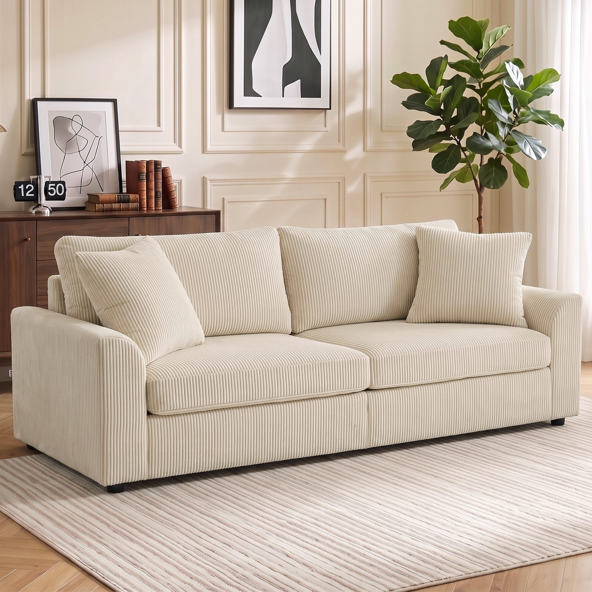 HOMCOM 3-Sitzer Sofa, mit Armlehnen, Zierkissen, Polstersofa mit Cordbezug, Couch 1 Teile, für Wohnzimmer, Schlafzimmer, Cremeweiß
