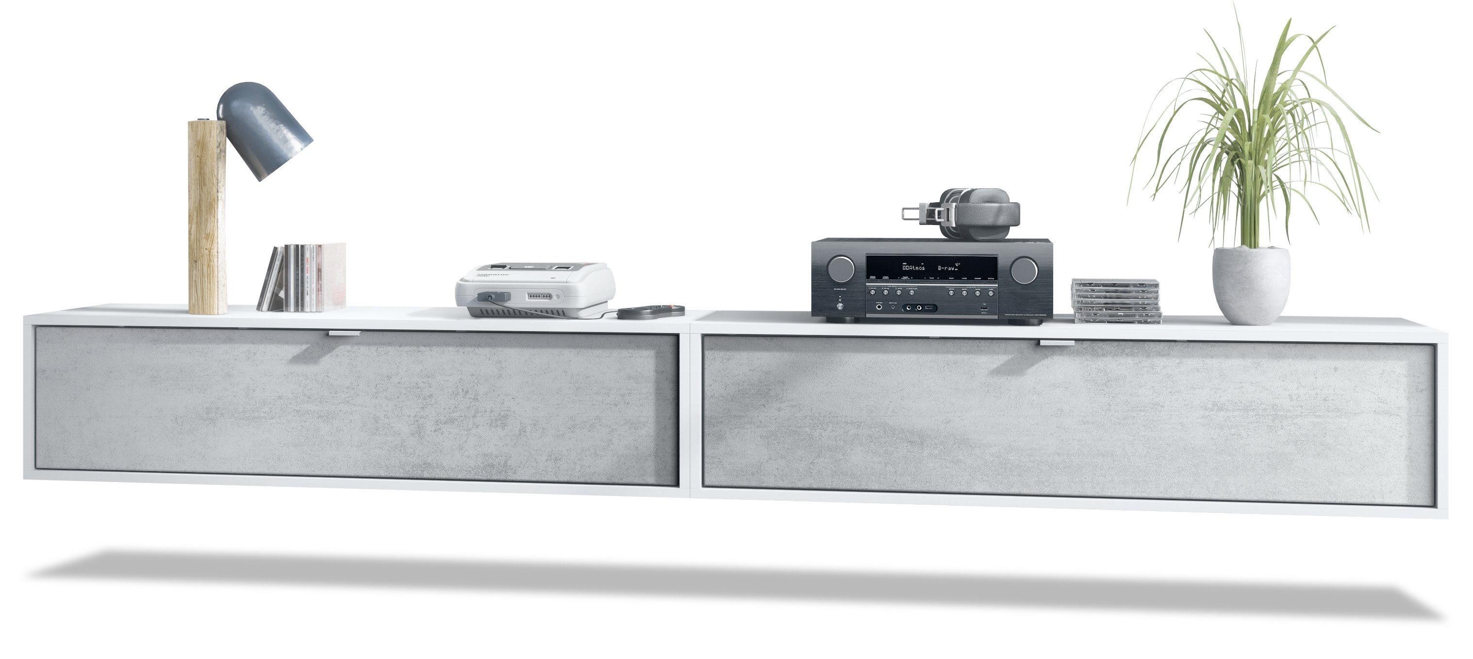 Vladon Lowboard Lana 1200 (2er-Set Tv-Kommode, mit Klappe dahinter 3 Fächer), Weiß matt/Beton Oxid Optik (120 x 29 x 37 cm)