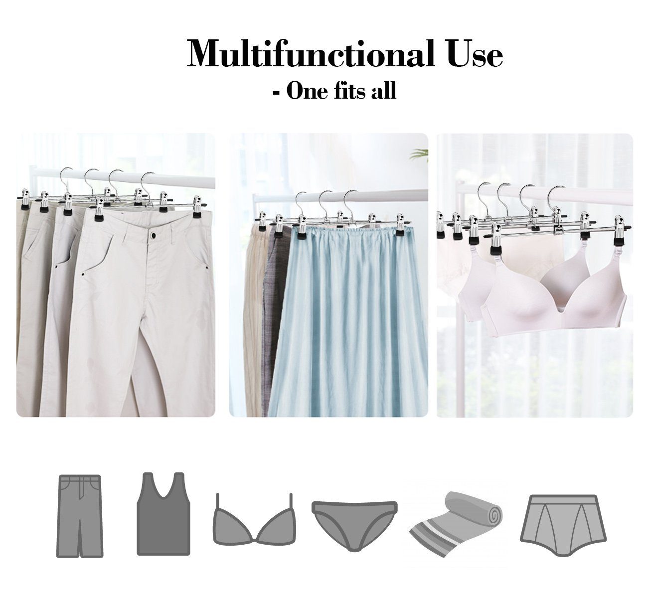 Kleiderbügel Anti-Rutsch mit Röcke, Clips (Packung, Homewit platzsparend-verchromt 12-tlg), Kleiderbügel Hosenbügel Socken Hosen Metall für Hosenbügel