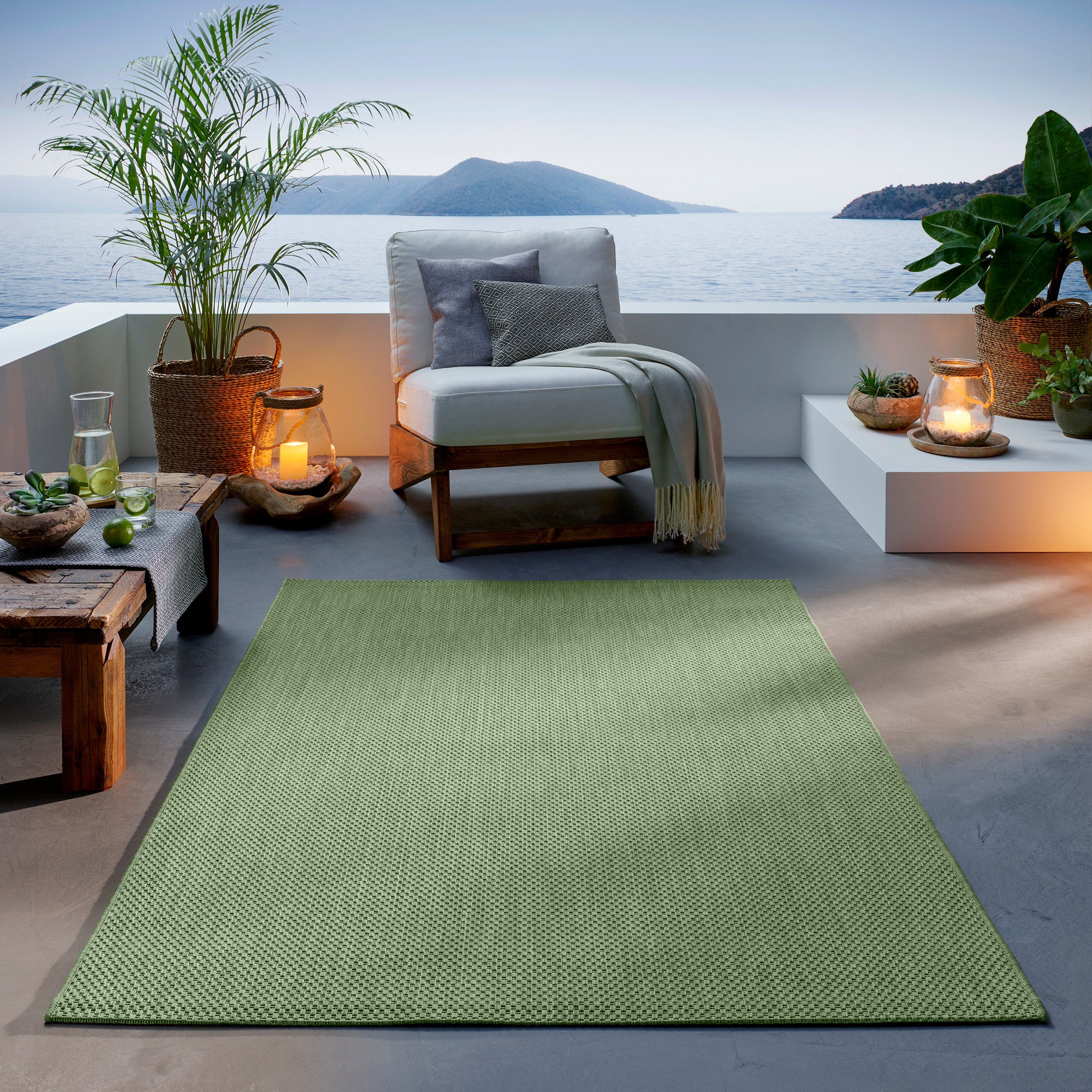 Teppich Outdoor & Indoor Teppich, TaCa Home, rechteckig, Höhe: 7 mm, Terrasse Balkon Garten Wohnzimmer Bad Küche, Grün - 80 x 150 cm