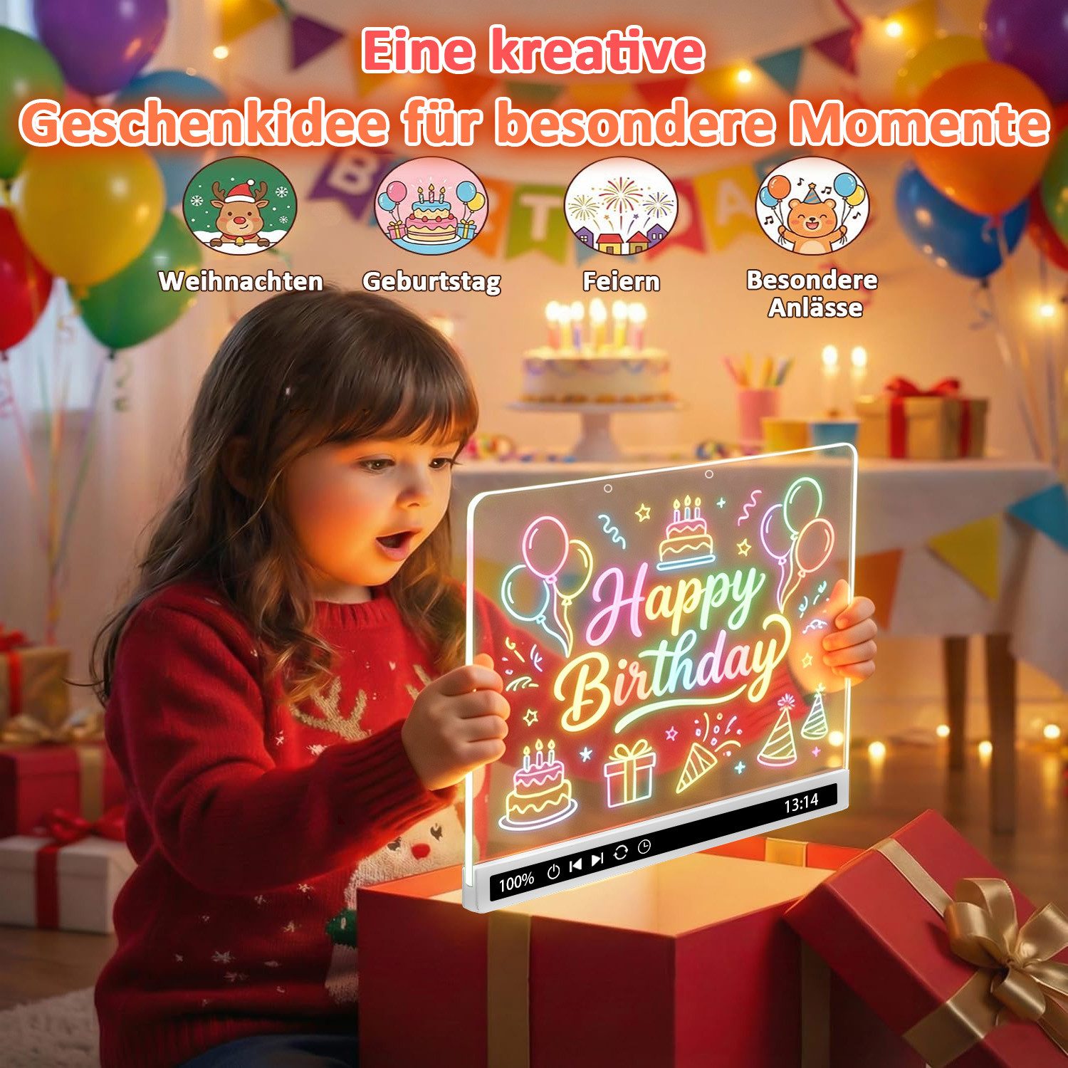 JoJoego Zaubertafel LED-Zeichenbrett mit 16 RGB-Lichteffekten wiederaufladbar 35×25 cm, (Acryl Maltafel abwischbar mit Timer und Ständer, 2800mAh Akku), kreativ – Bild 2 von 5