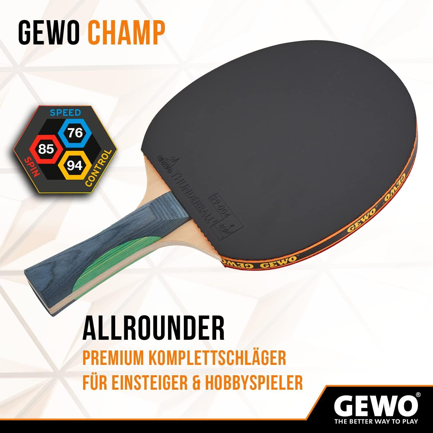Gewo Tischtennisschläger Champ für Hobby - Belag Thunderball² 1,8mm - Tischtennis Schläger