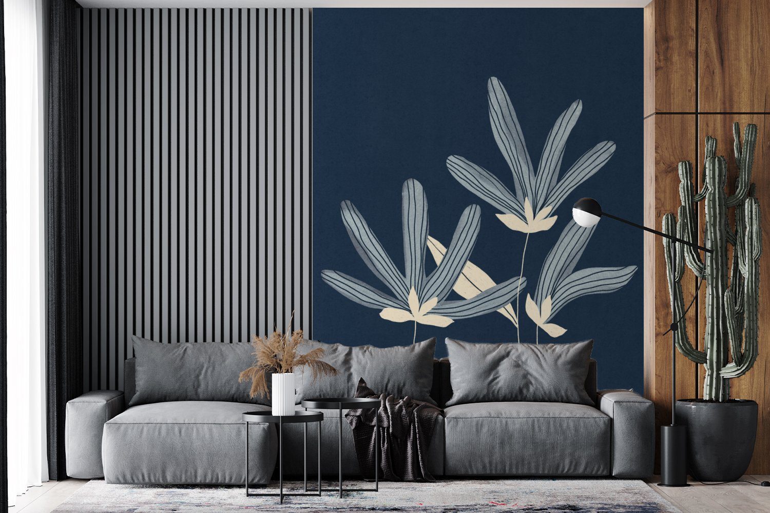 Natur, MuchoWow - Matt, Blau Wohnzimmer, Fototapete St), Pflanzen bedruckt, Tapete (4 für - Montagefertig Wandtapete Blumen - Vinyl