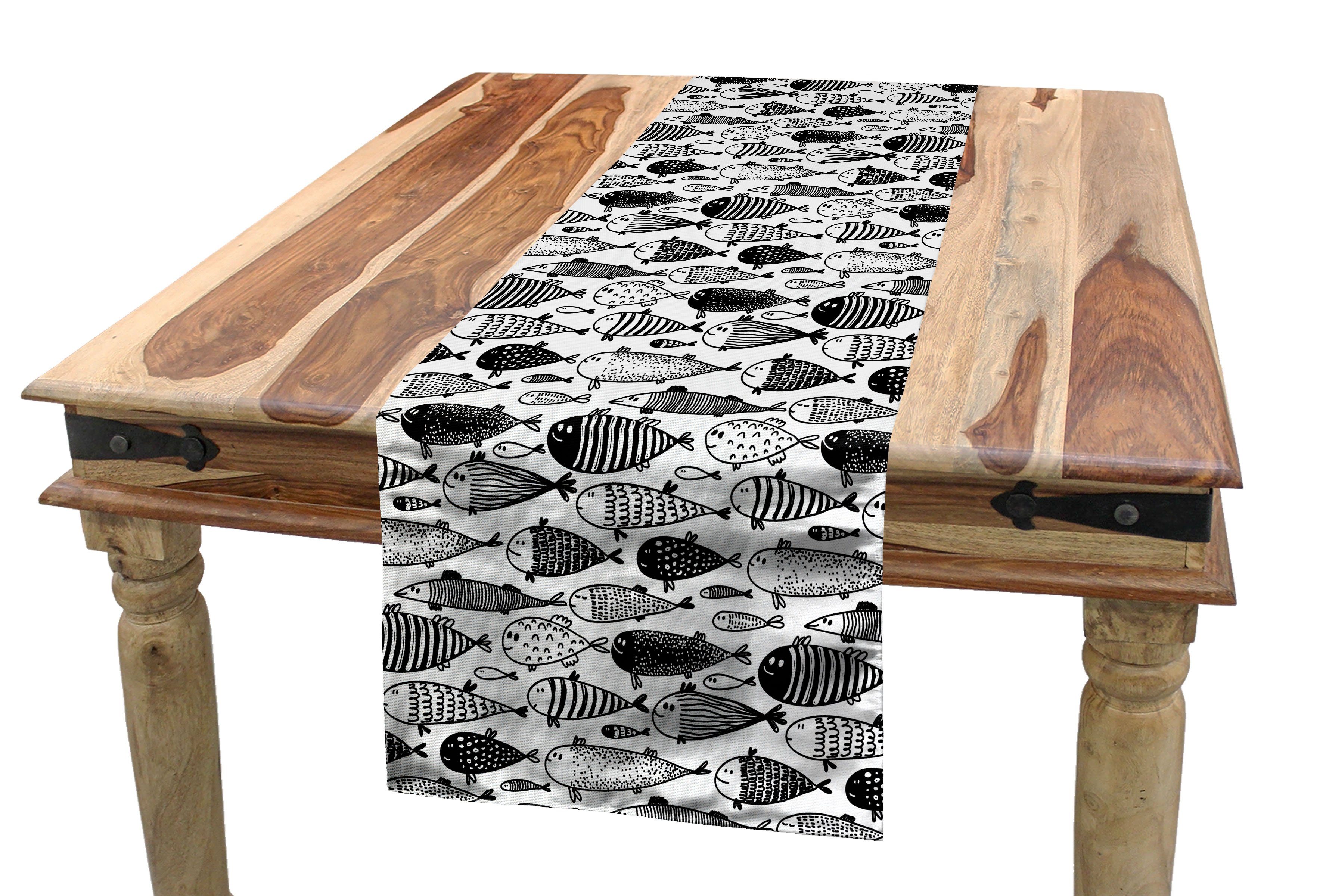 Monochrom-Doodle Motiv Rechteckiger Abakuhaus Esszimmer Tischläufer, Skizze Küche Dekorativer Tischläufer Fisch