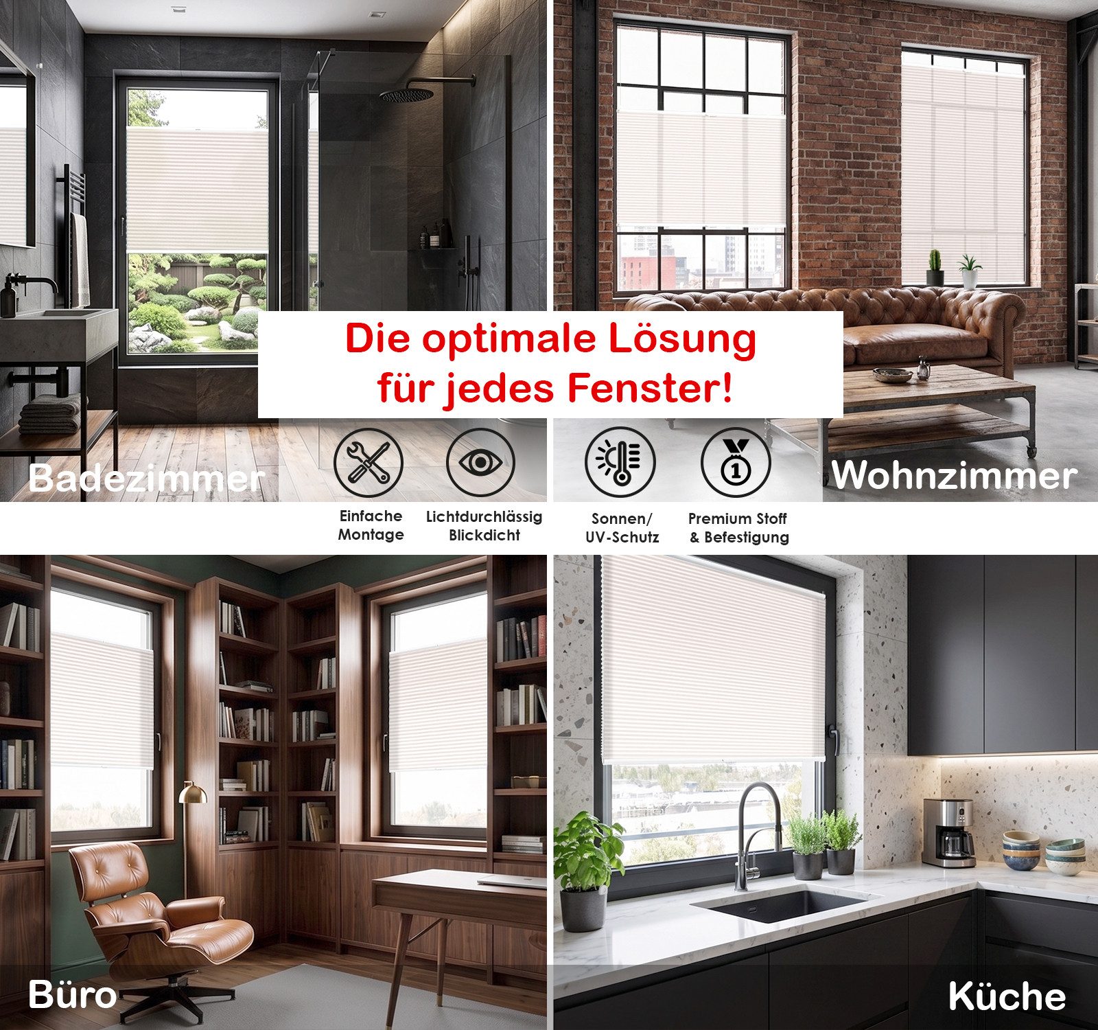 Rikmani Plissee Plissee ohne Bohren, lichtdurchlässig, 40x100cm, blickdicht, Klemmfix, Verspannt, UV-Schutz, einfache Montage