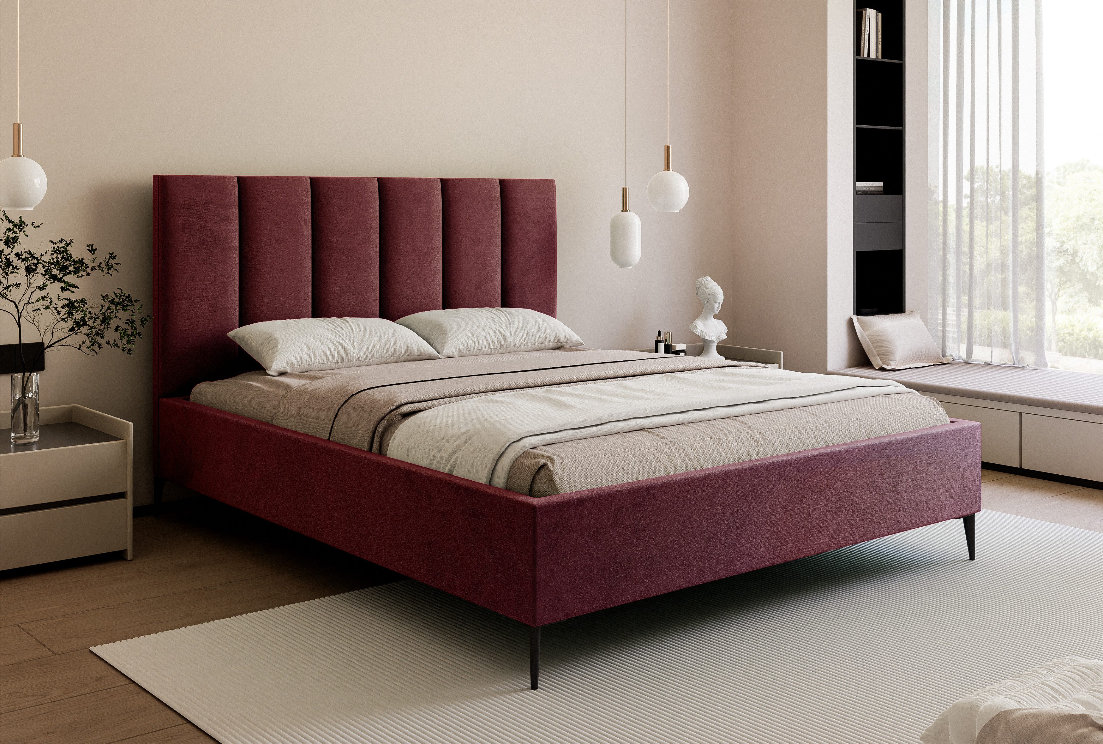 Goldstoff Polsterbett Modernes Bett "GERMAIN" mit hohem Kopfteil und integriertem Bettkasten (120–200x200 cm, Kopfteilhöhe: 90/110 cm, Seitenhöhe: 25/40 cm), Elegantes Bett mit Stauraum und wählbarer Kopfteilhöhe