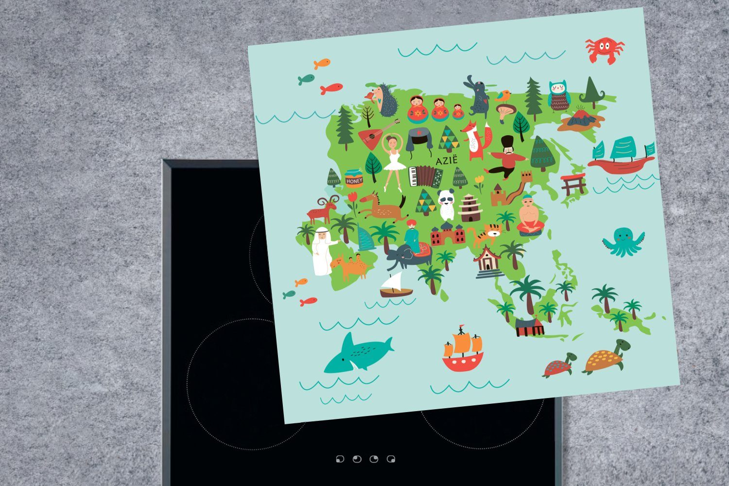 Ceranfeldabdeckung, für Asien Tiere, cm, - tlg), Weltkarte Arbeitsplatte küche Herdblende-/Abdeckplatte 78x78 (1 - Vinyl, MuchoWow Kinder