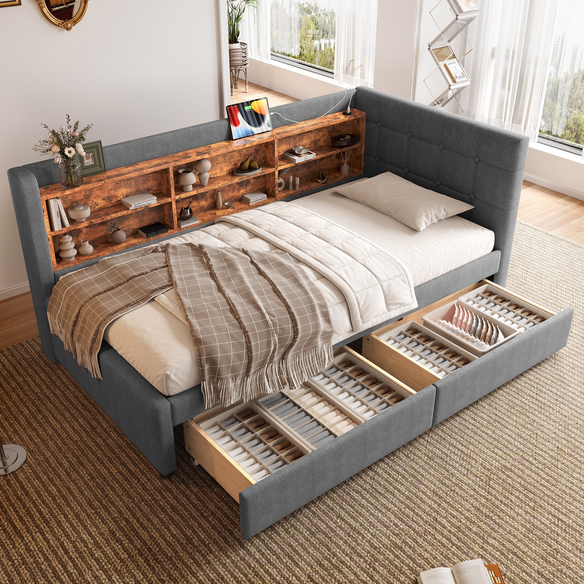 Flieks Daybett, Polsterbett Tagesbett Schlafsofa 90x200cm mit 2 Schublade u günstig online kaufen