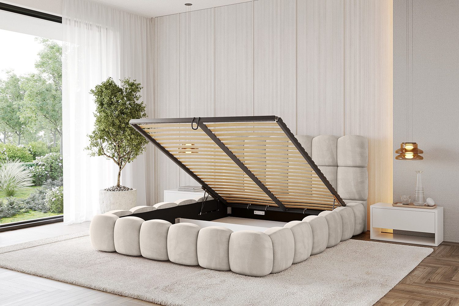 ALTDECOR Polsterbett LEYA (Polsterbett mit Bettkasten und Lattenrost, Boxbett ohne Matratze), Doppelbett mit Stauraum, Bett mit Kopfteil