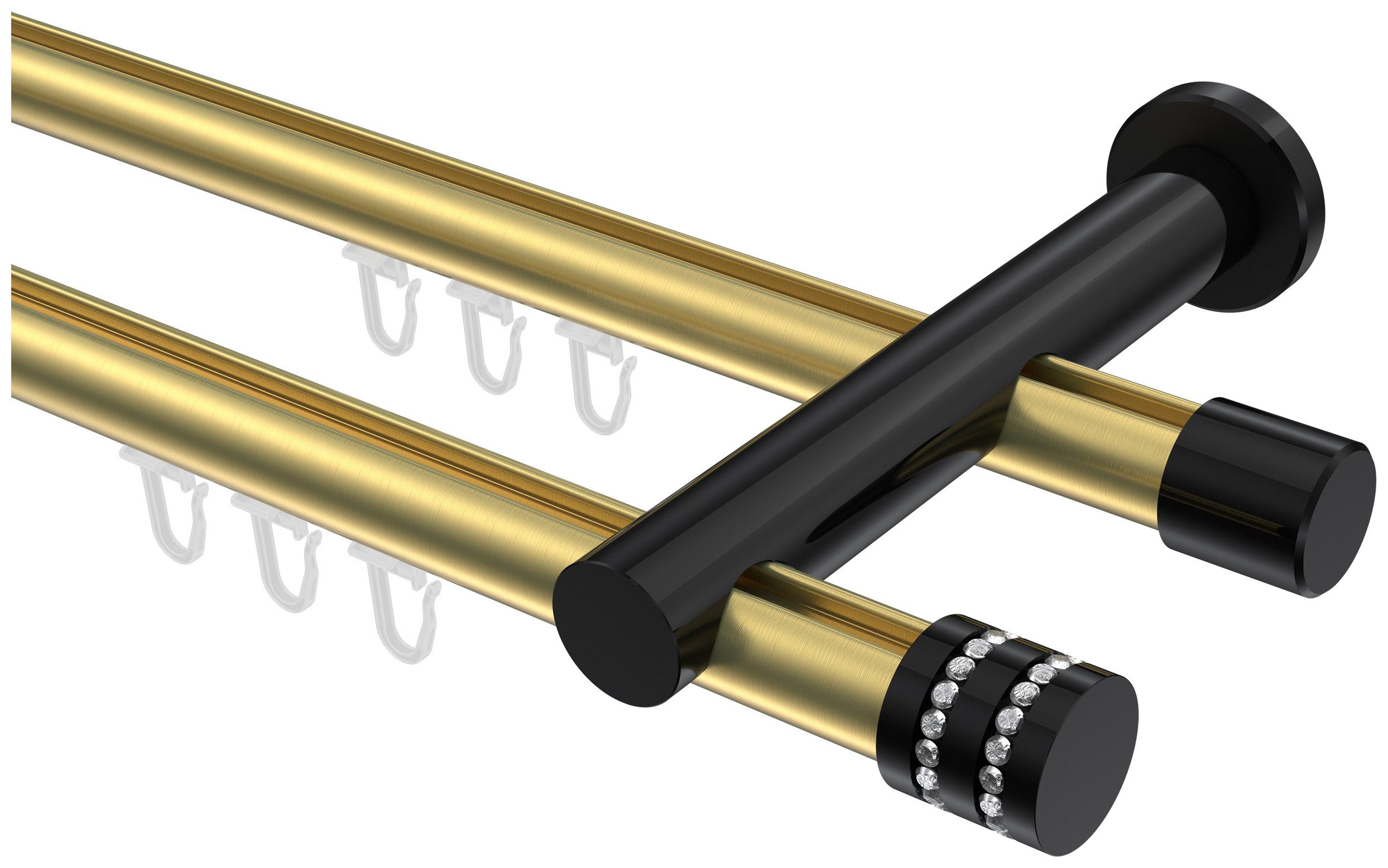 INTERDECO Gardinenstange Platon Estana, Ø 20 mm, 2-läufig, Fixmaß, kürzbar, Wandmontage, Aluminium, Messing-Optik / Schwarz / Bicolor
